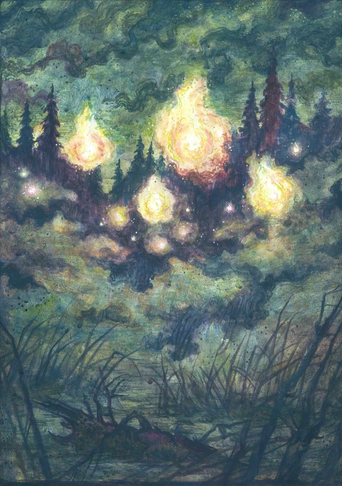 Will-o’-the-wisps in a watery landscape, trees in background. Illustration.