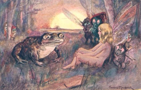 Midsummer Dreams. In the foreground, a large frog sits facing a barefoot fairy with blonde hair, who is seated on the ground. Behind the fairy, two imp-like creatures with large ears and wings are present, one appearing to listen intently and the other holding a small object resembling a musical instrument. In the background, a setting or rising sun casts a warm glow.