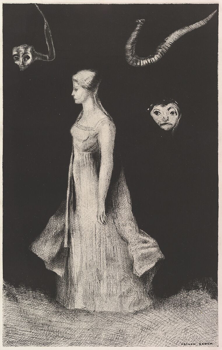 Woman in long dress, cloaked figure blended into a dark background so that only a face appears. Creatures in background. Unsettling painting.