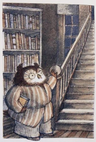 The image depicts Owl, a character from Arnold Lobel's "Owl at Home" book, in a cozy indoor setting.
Owl, a large, fluffy owl wearing striped pajamas, is the central figure.
He stands at the bottom of a wooden staircase, holding onto the banister with one hand and a book in the other.
To the left, a tall bookshelf filled with numerous books is visible. Behind the staircase, a window shows the dim light of evening or night.
