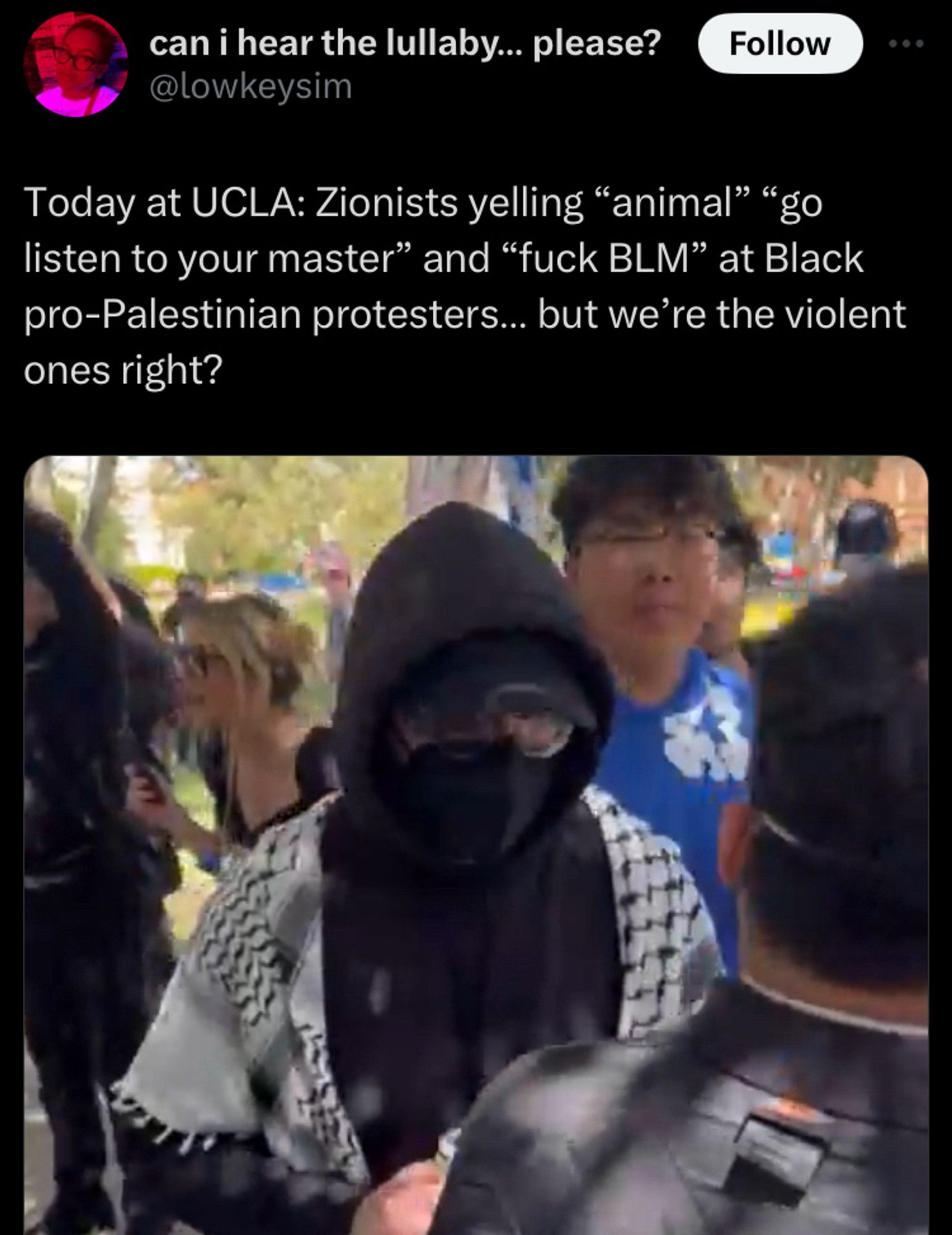 @lowkeysim tweets a video and says "Today at UCLA: Zionists yelling 'animal' 'go listen to your master' and 'fuck BLM' at Black pro-Palestinian protestors... but we're the violent ones right?"