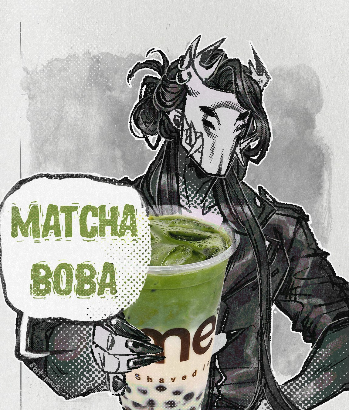 Textured and largely black and white, linework-heavy art of a horned, masked character with oni inspiration handing a matcha boba tea to the viewer. Only the MATCHA BOBA and milk tea is colored.