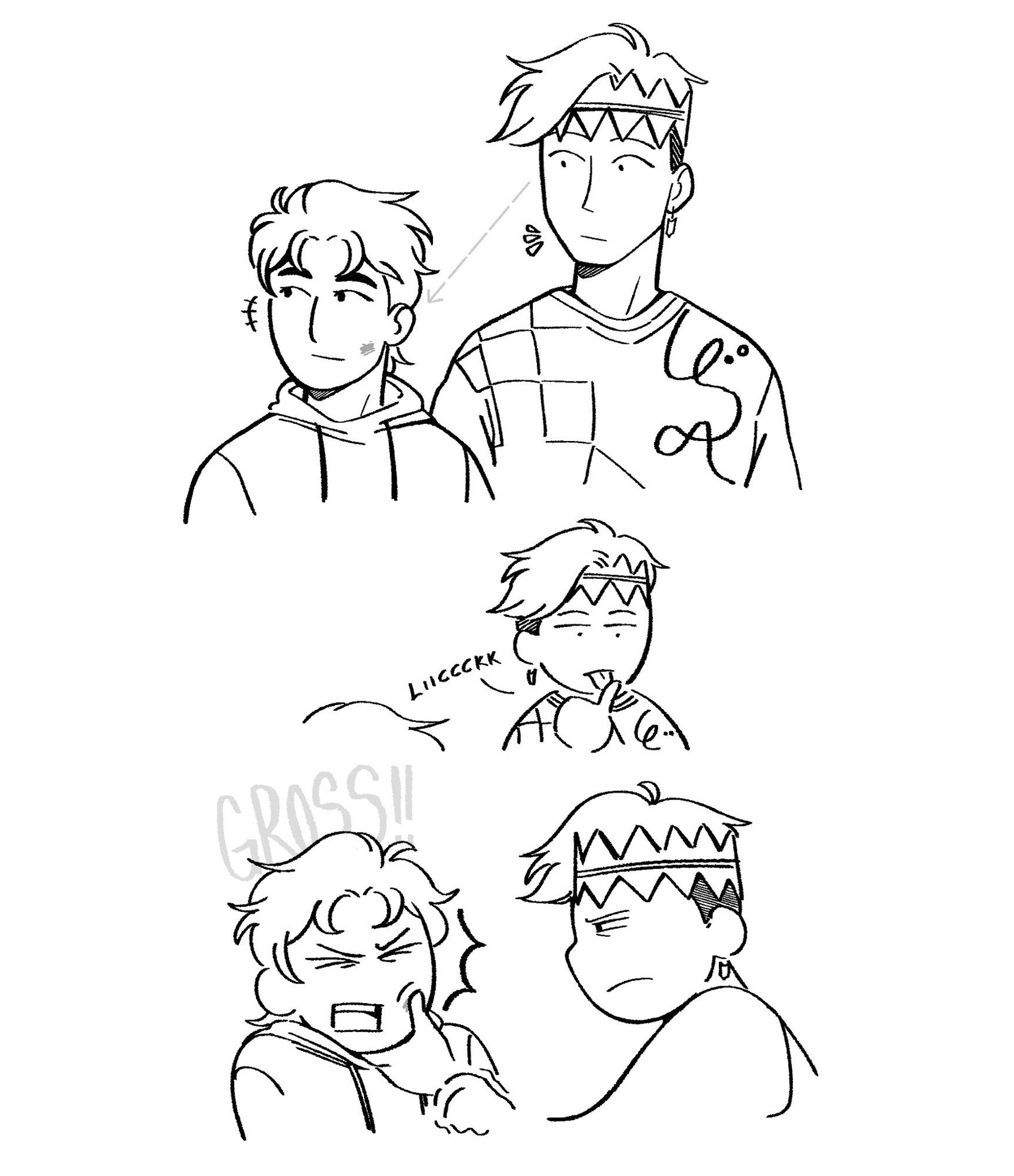 mini comic of rohan licking his thumb then trying to get a smudge mark off koichi