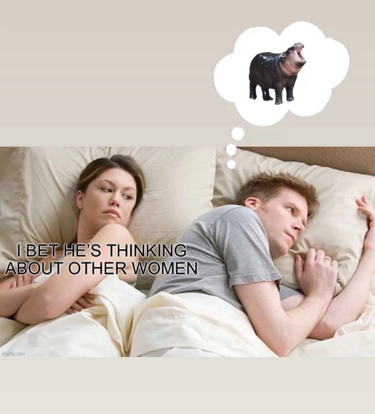 a couple laying in bed, woman looks suspiciously at her husband who seems to be staring into space. woman thinks “i bet he’s thinking about other women” there’s a thought bubble over the husband’s head, and it appears he’s thinking of baby pygmy hippo moo deng, who is standing on all fours with her mouth wide open towards the sky