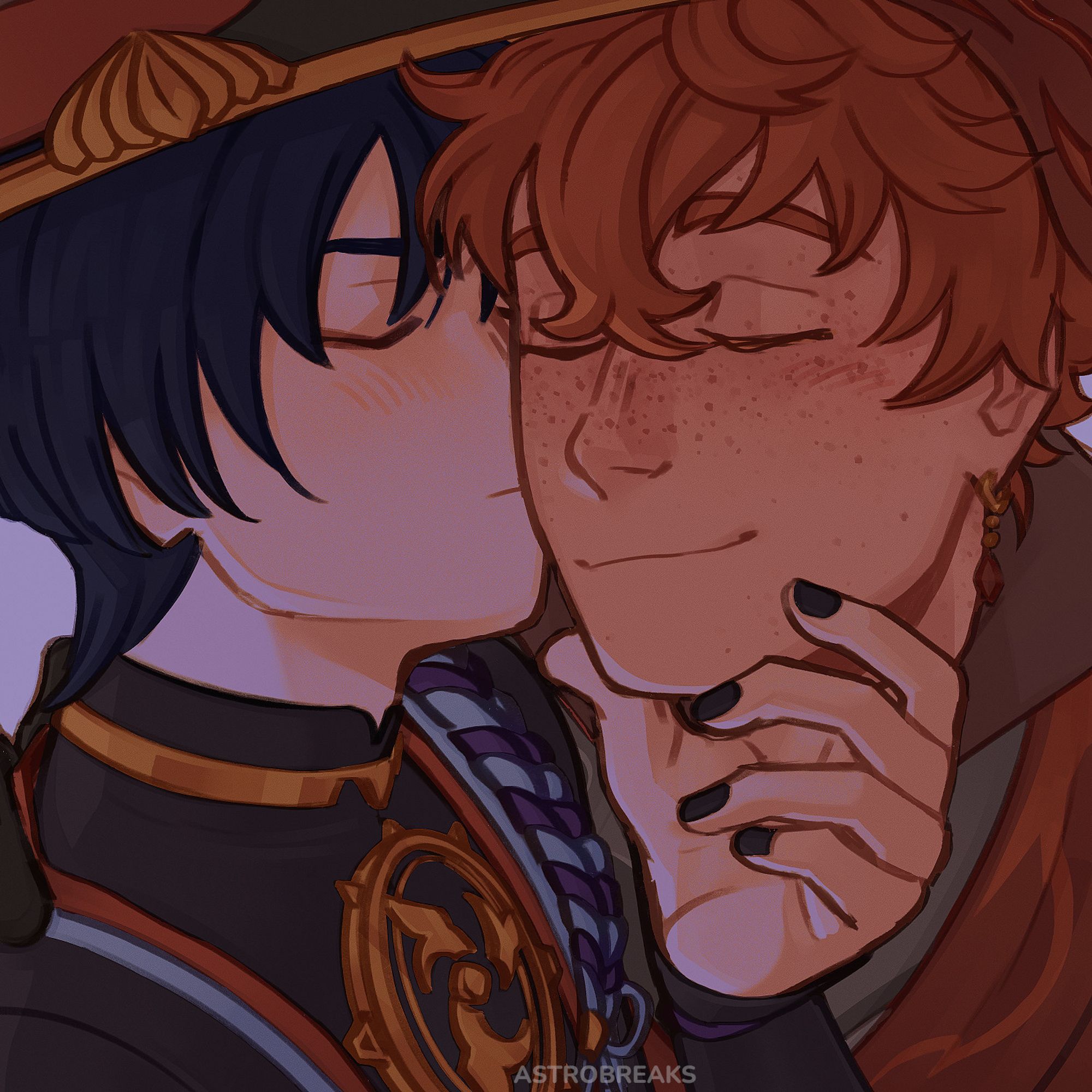 a digital drawing of scaramouche and tartaglia from genshin impact. scaramouche is holding tartaglia's face with his hand, kissing tartaglia on the cheek with a shy-frowning expression. tartaglia is bowing down to his level, one hand on scaramouche's shoulder, smiling with satisfaction.