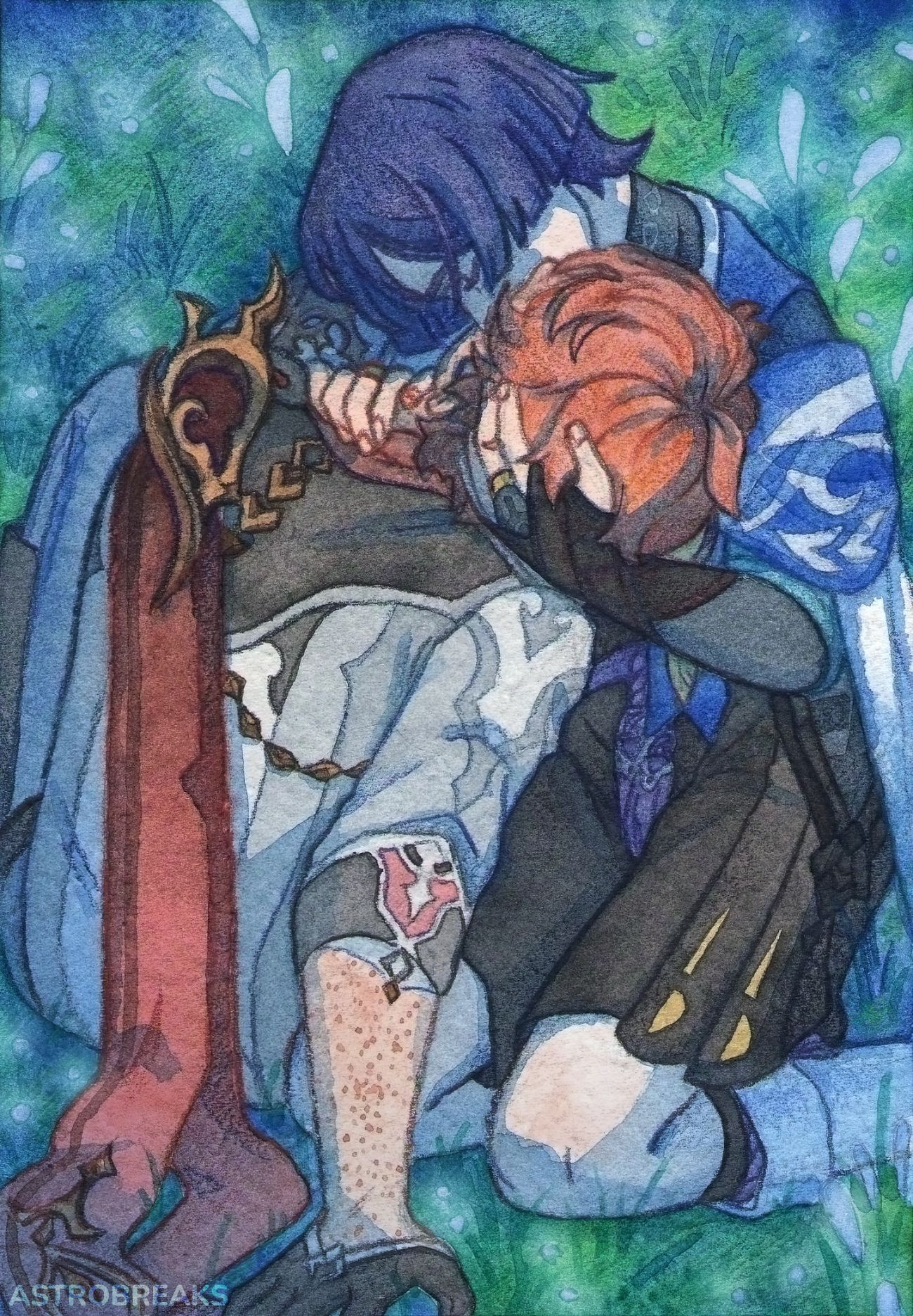 a scan of a traditional watercolour drawing of wanderer and tartaglia from the game genshin impact. they're sitting in a field of glowing blue flowers in sumeru. wanderer is on his knees, holding tartaglia's head in one of his arms, tipping him back to kiss him; tartaglia is slightly leaning back resting his weight on one of his arms.