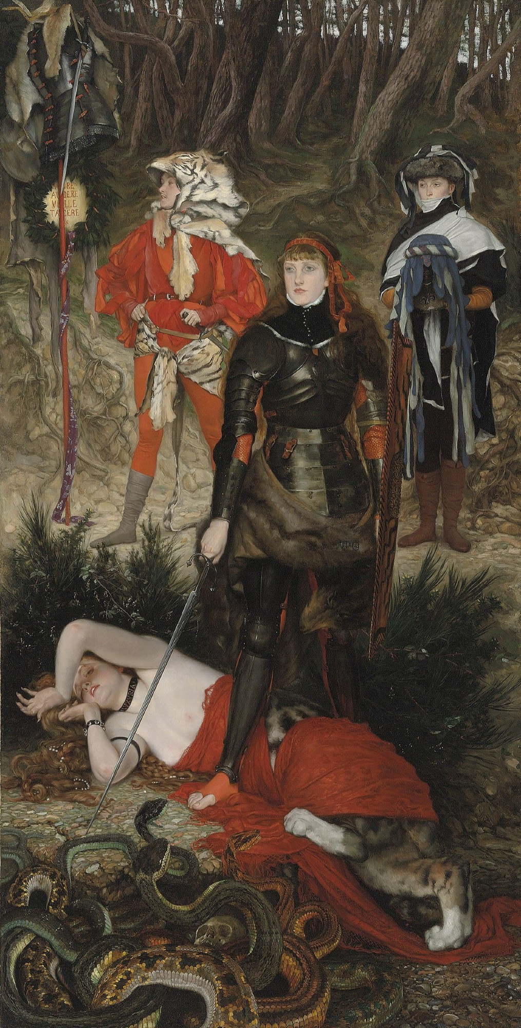 Listen there's a whole lot going on in this image. In summary, a woman in armor (but no shoes!) stands over a supine languishing damsel with the lower half of a cat. There's some snakes and skulls involved as well, which is very dope.