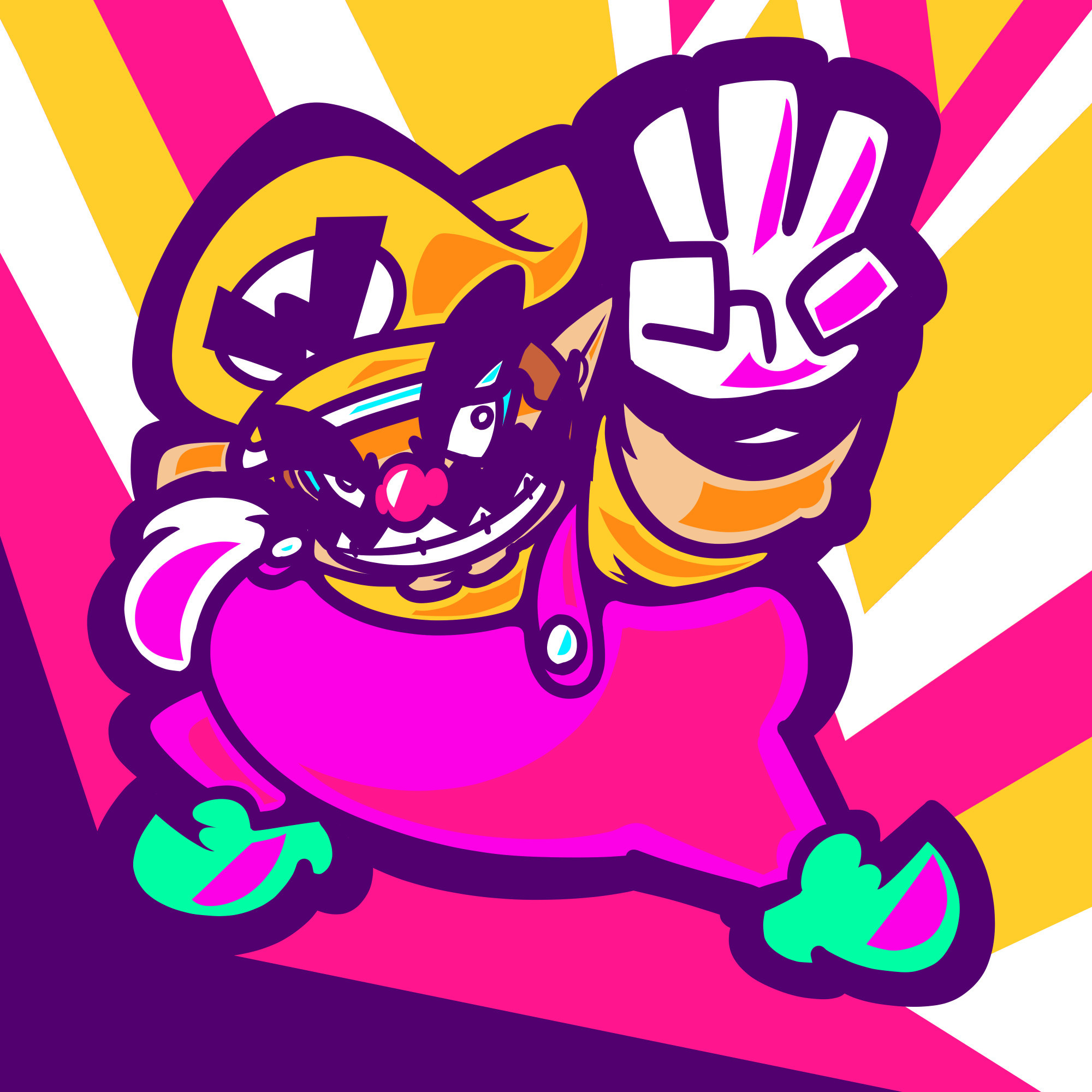 Artwork of Wario from the Super Mario series, grinning and striking a confident pose with his hand reaching toward the viewer, making a big W with his fingers.