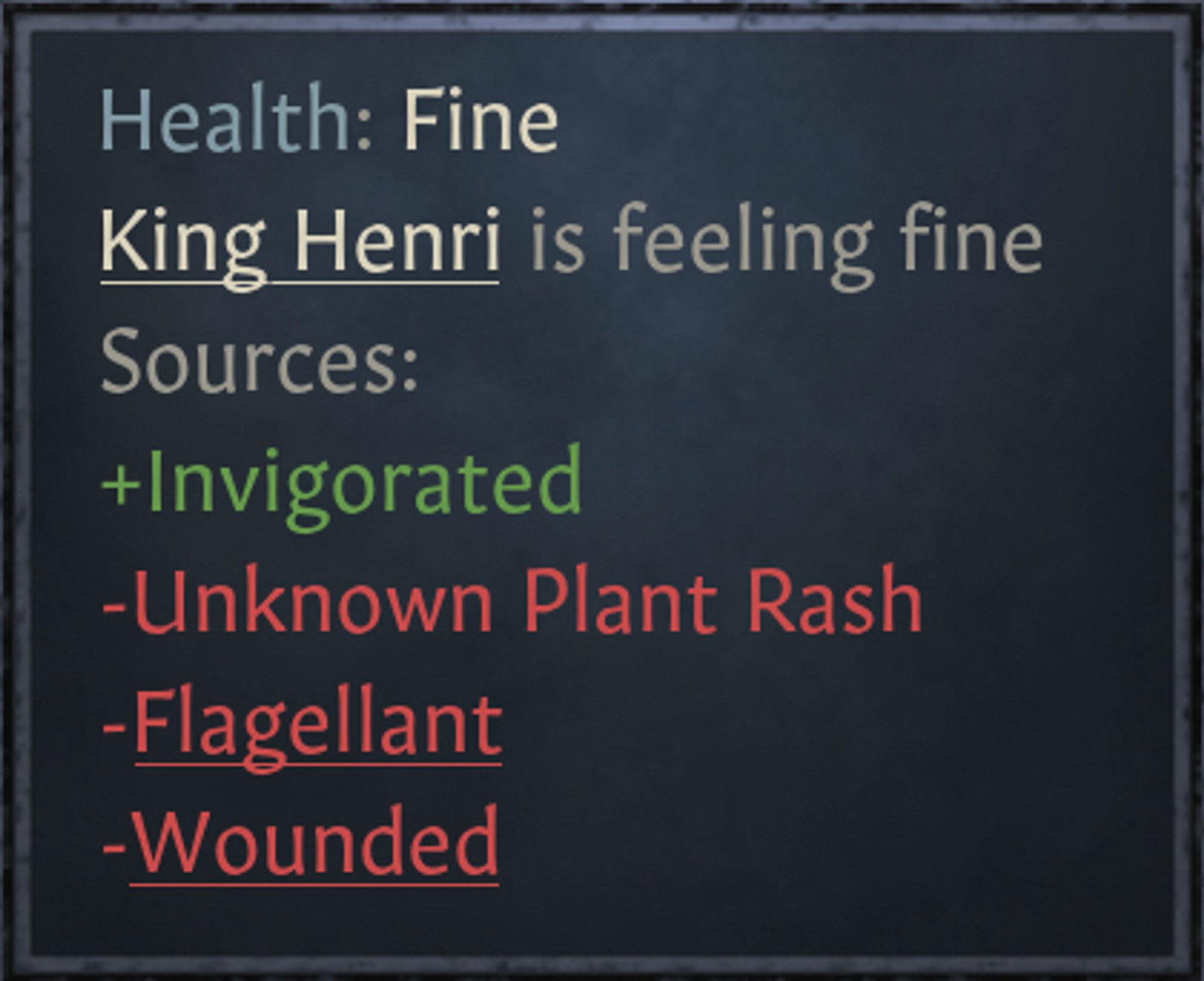 From crusader kings 3:

Health: Fine
King Henri is feeling fine
Sources:
+Invigorated
-Unknown Plant Rash
-Flagellant
-Wounded