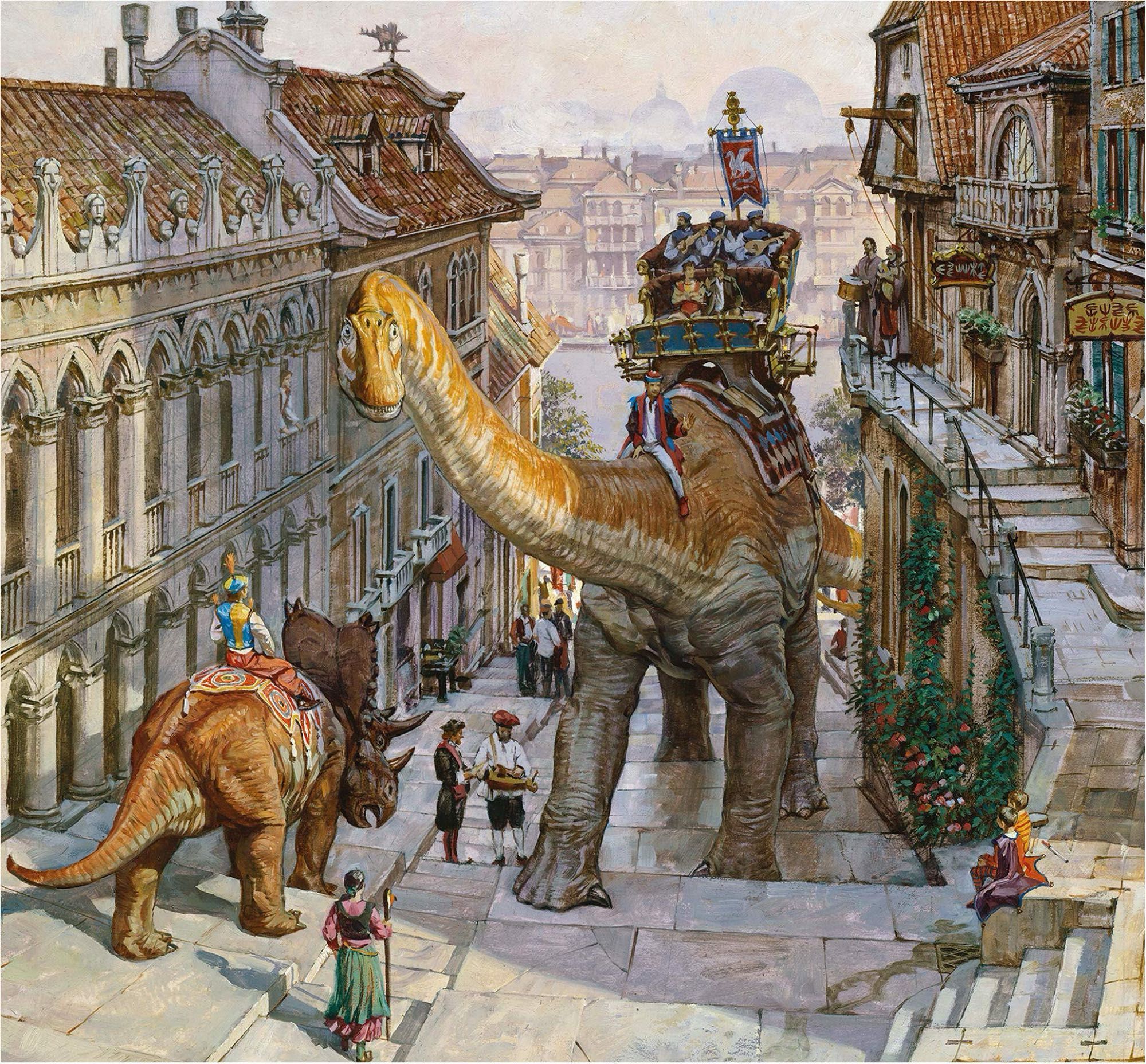 Dinosaurs going up and down stairs in a densely built Mediterranean type city, people riding them ect looks rad!  From dinotopia