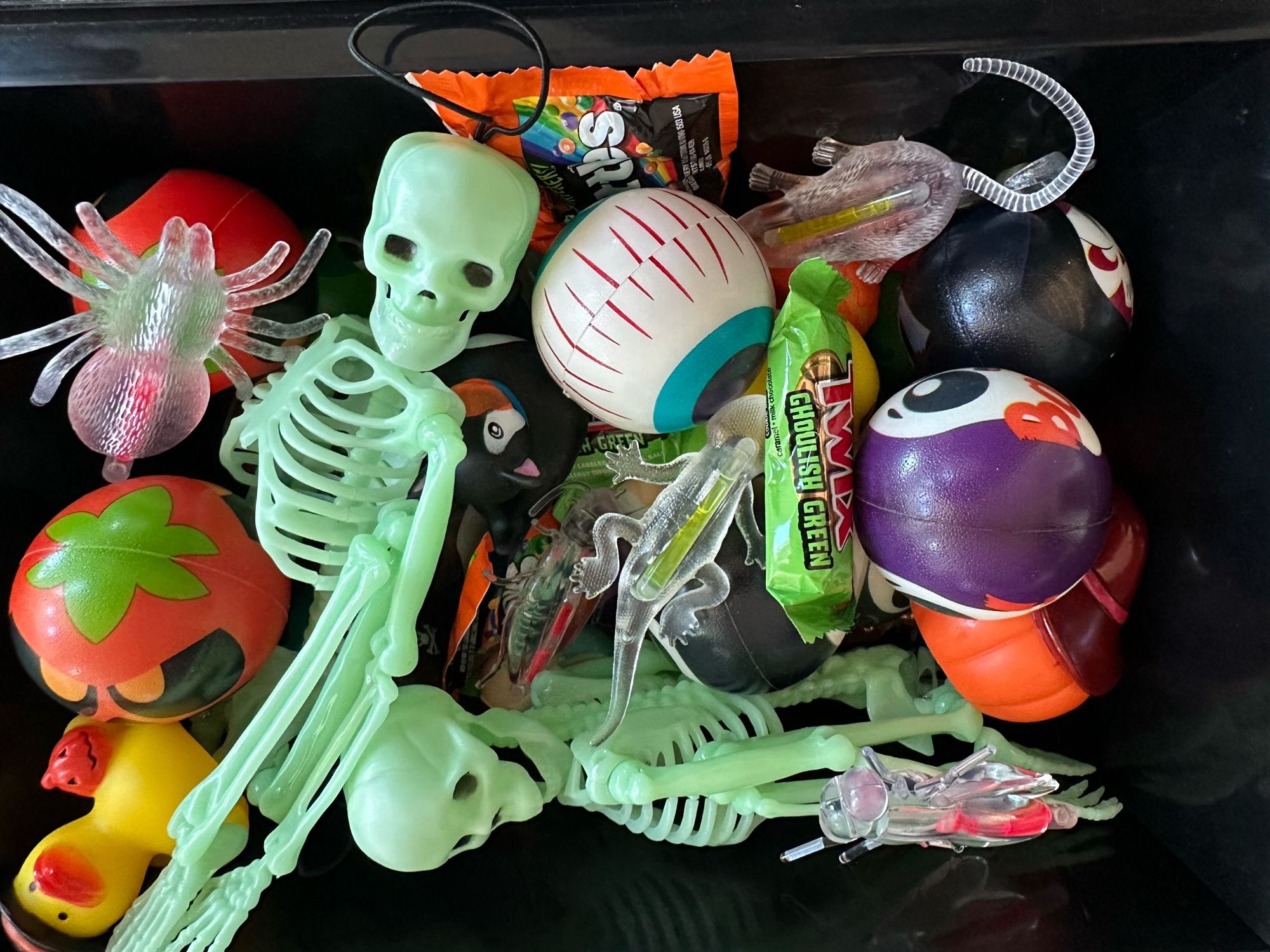 Halloween themed treats, bath toys, fidget toys, glow in the dark critters, candy