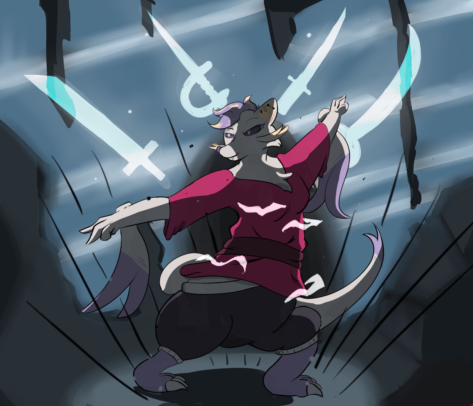 A mienshao doing a swords dance in an icy cave.