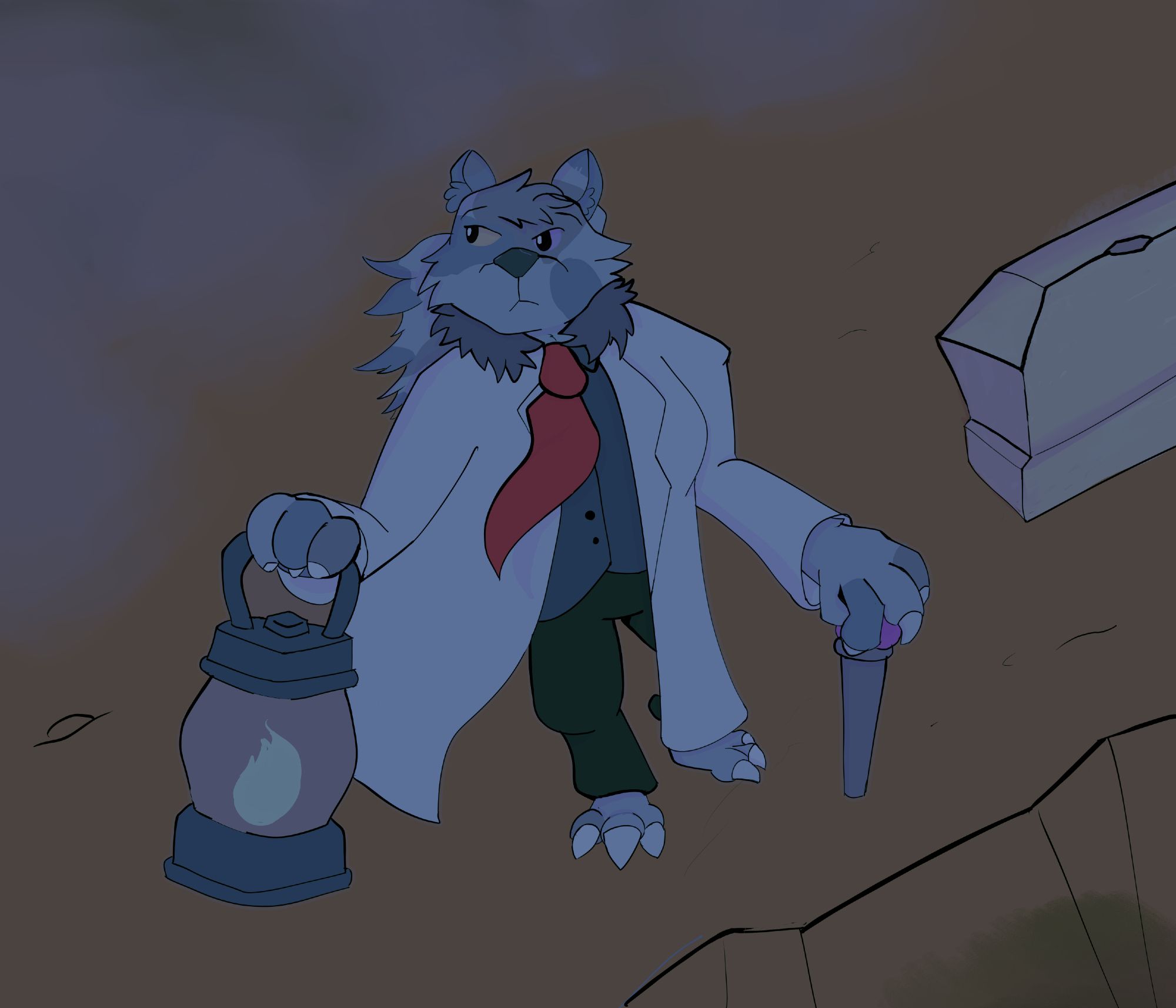 A (tabaxy) character Eileen at the edge of a large hole, with a fog creeping in behind her.