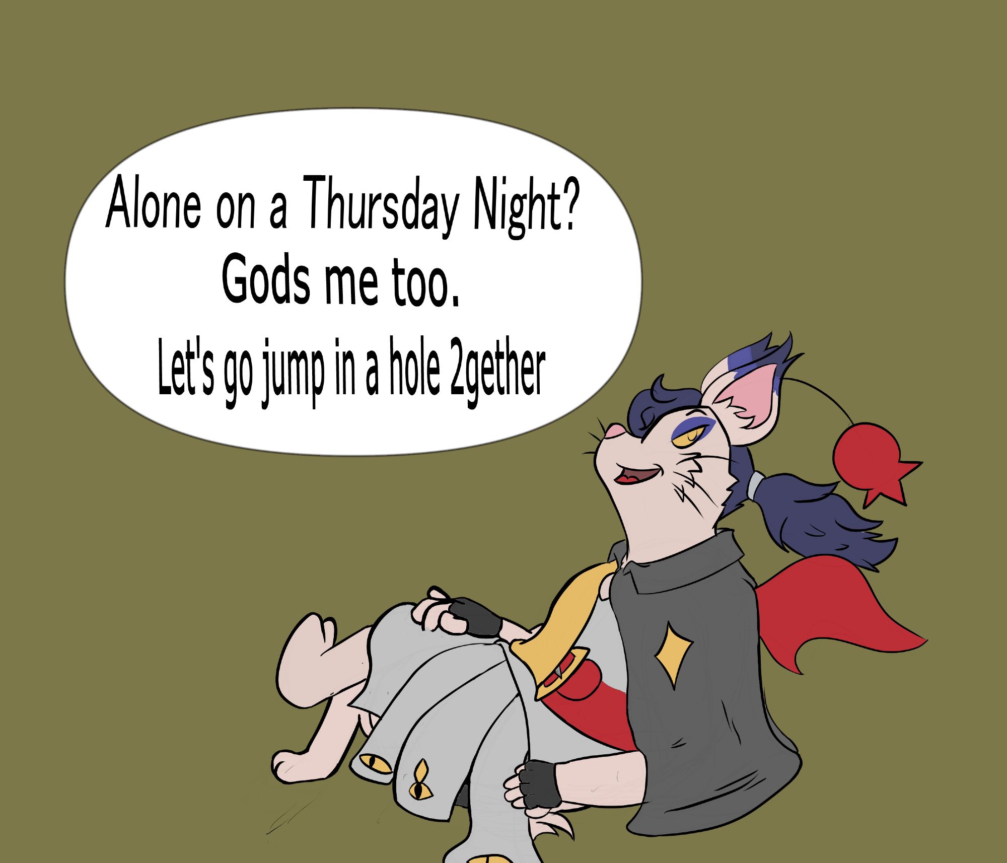 A Moogle named Magnus doing the Sonic "friday night," meme with the words "Alone on a Thursday Night? Gods me to. Let's go jump in a hole 2gether."