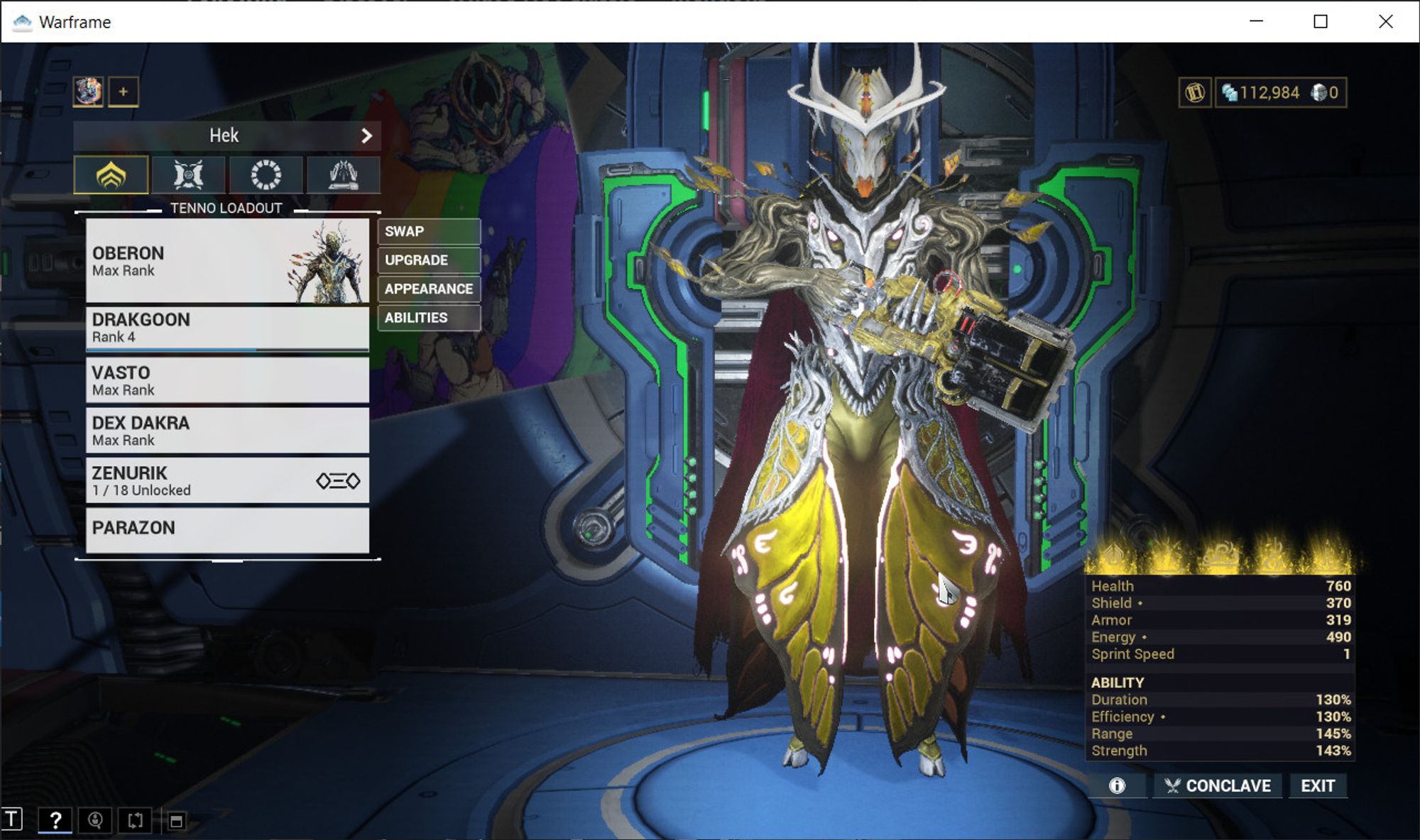 Oberon in their Fey-arch skin with base oberon helmet, with arms coloured to look like normal wood and robes coloured to look somewhat like a monarch butterfly.