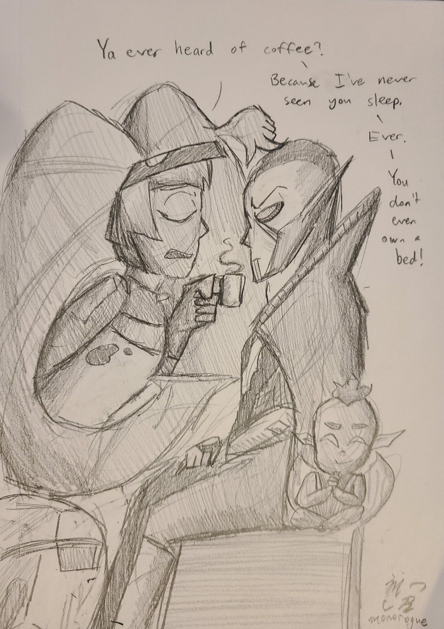 Entrapta handing Hordak a tiny cup of coffee, saying "Ya ever heard of coffee? Because I've never seen you sleep. Ever. You don't even own a bed!"