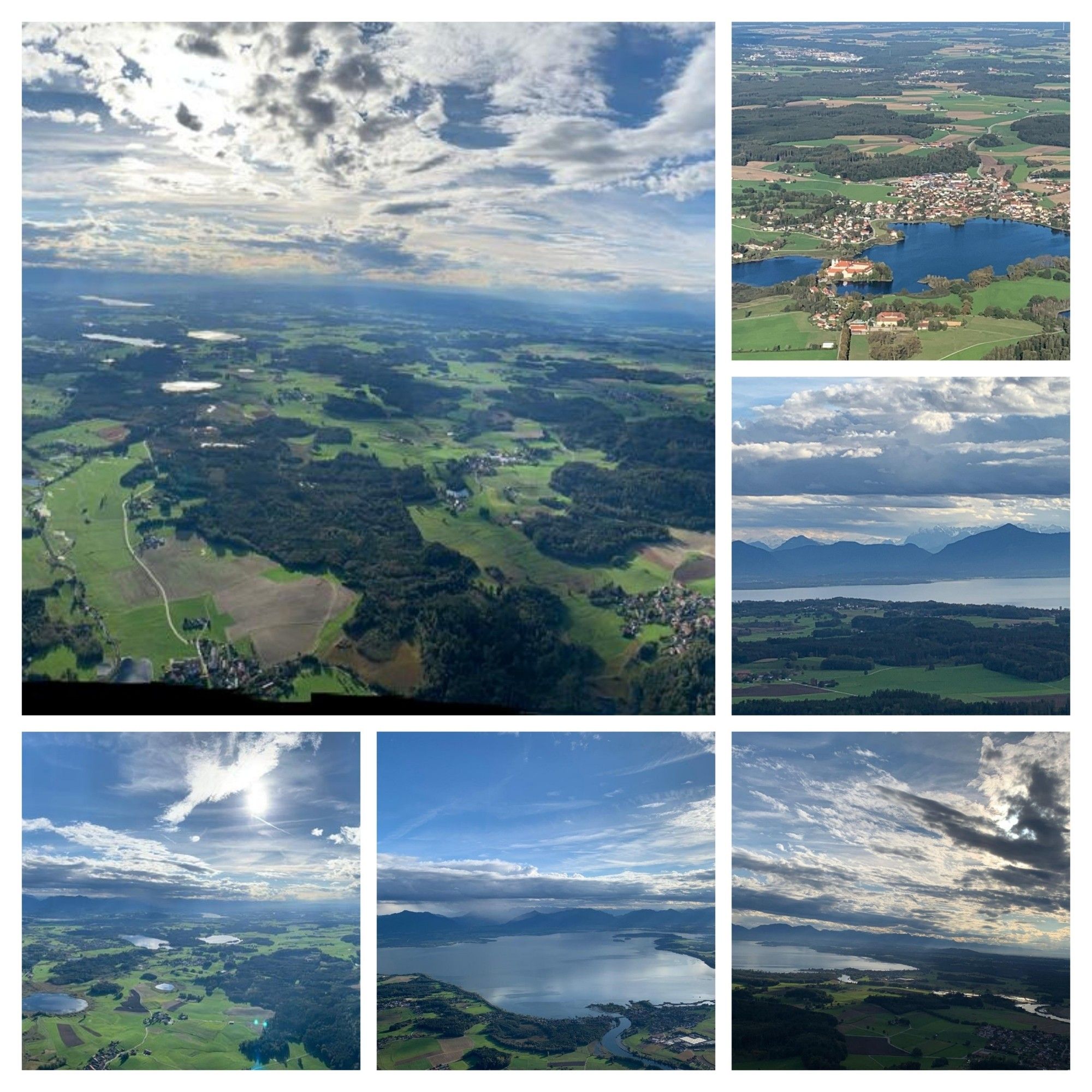 Collage mit sechs Fotos. 
Seen, Berge, Wolkenbilder...
Aus der Vogelperspektive.