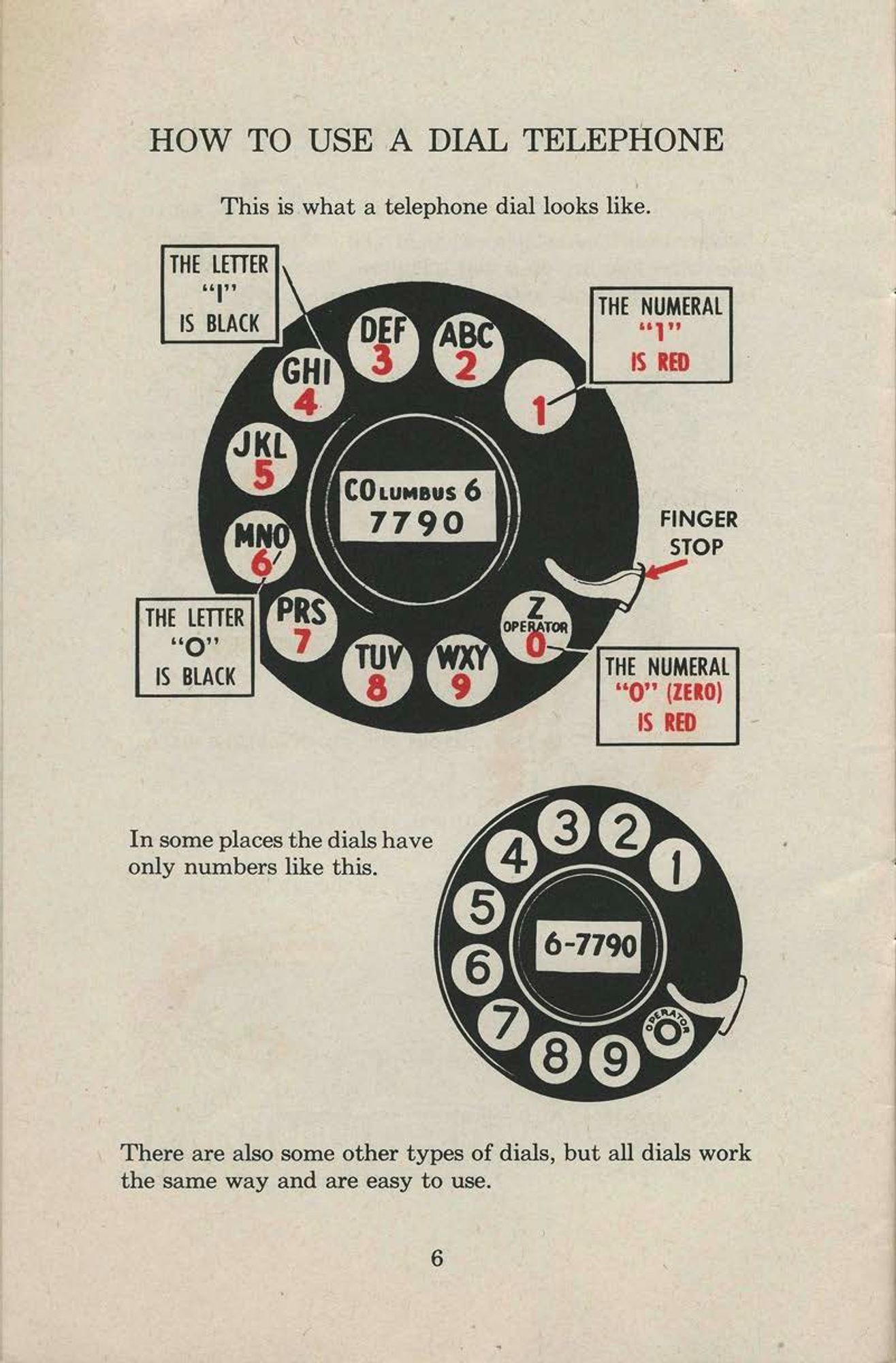 illustration of "How to use a dial telephone". two black dials are shown. one on top has black letters and red numbers. one dial below has only numbers.