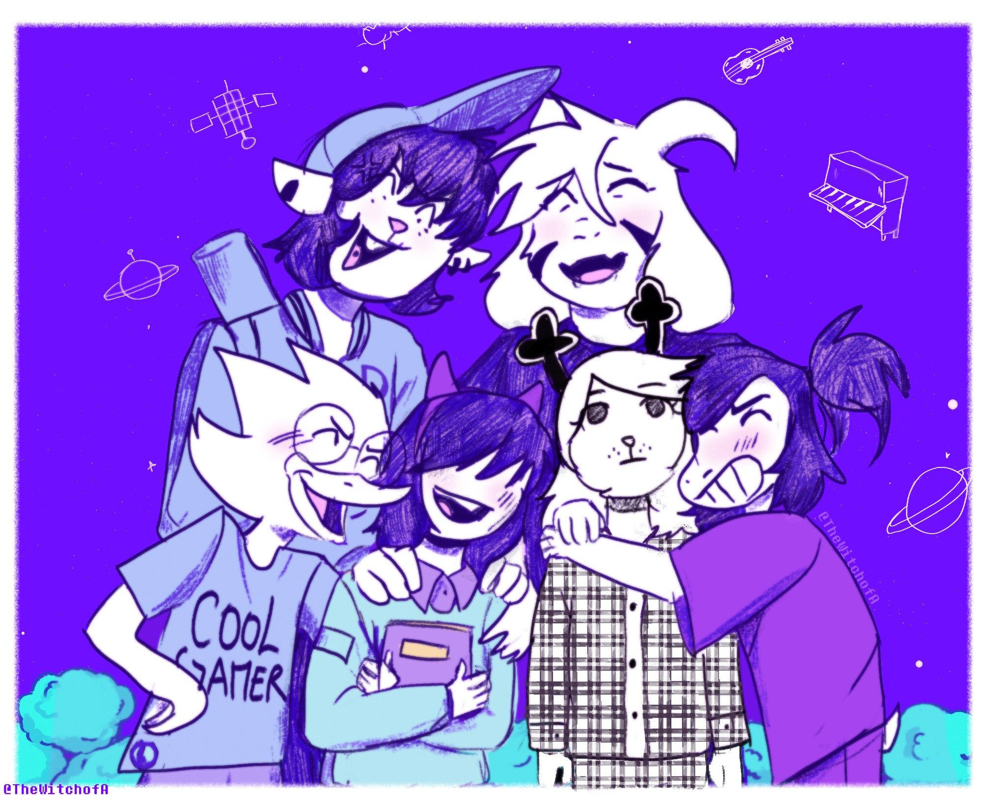 It's digital artwork made by TheWitchofA (The Witch of Art) 
It shows six characters from Deltarune, the RPG videogame made by The cool Toby fox. 

Noelle is an anthro based on deer, has blonde and long hair. In this artwork, she's based on the old concept of Noelle (the Fujoshi Noelle or Omori) She's wearing the Christmas pyjama.

Dess is Noelle's big Sister, she has a black short hair and piercings in her ears. She's wearing a sport jumper.

Kris is a human, has brown bob-hair, they're wearing a turquese sweater, purple shirt and red horns.

Berdly is an anthro based on a bird, is wearing a blue shirt that has the following text: "Cool Gamer" as pyjama.

Asriel is an anthro based on goat, he has black marks in his cheeks, wearing a black skirt as pyjama.

Susie is an anthro based on dragon, she has ponytail haircut, she's wearing pyjama of the same colour. She's hugging to Noelle while smiling.

Note from Witch:
Have a good day! Hehe