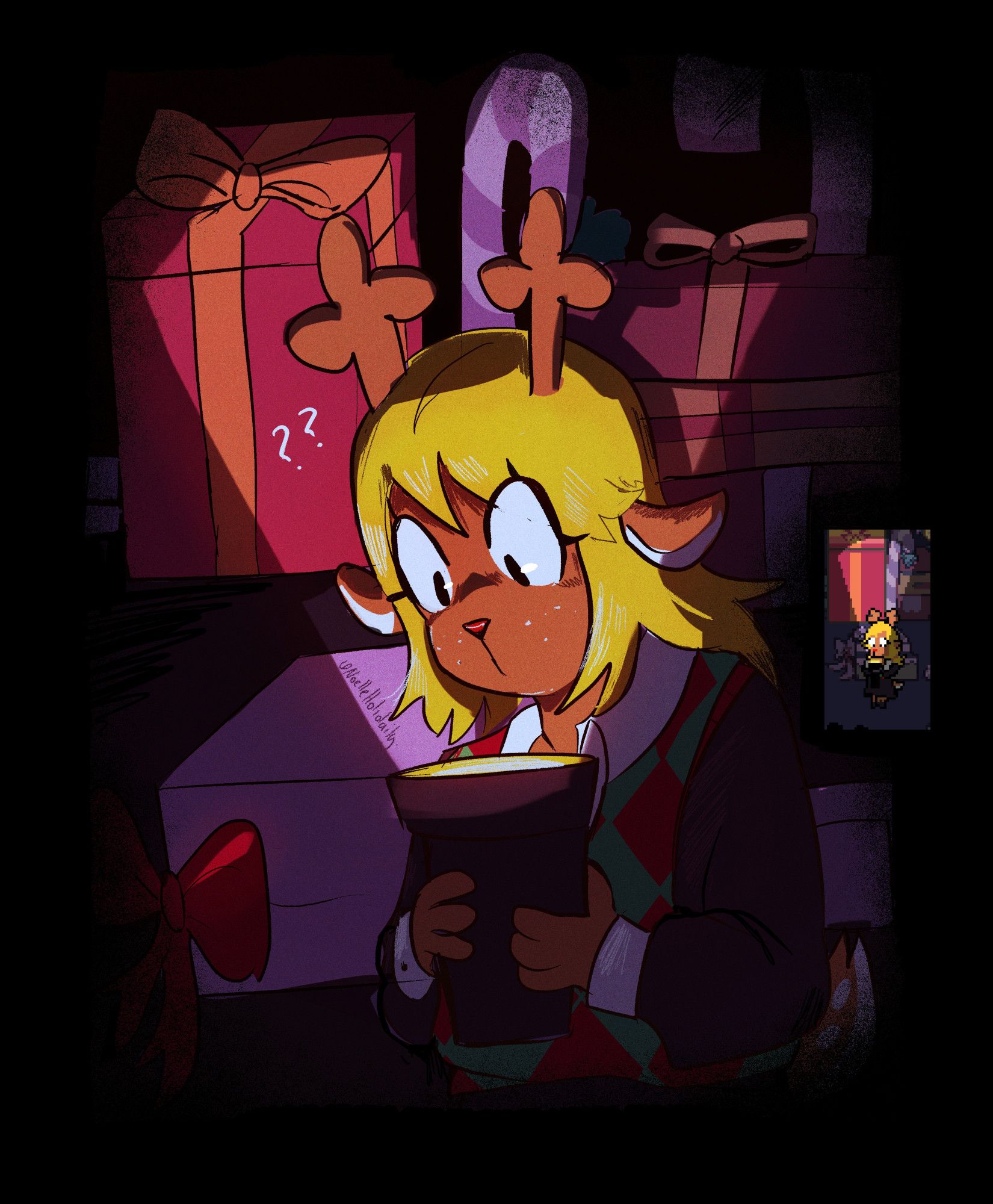 It's digital artwork made by The Witch of Art
It shows a character from Deltarune, the RPG videogame made by The cool Toby fox.
Noelle is an anthro based on deer, has blonde and long hair. She's wearing a vest, shirt with long sleeves and skirt.
She's holding a flashlight and is shocked for some reason.

This drawing is based on the newsletter's art!