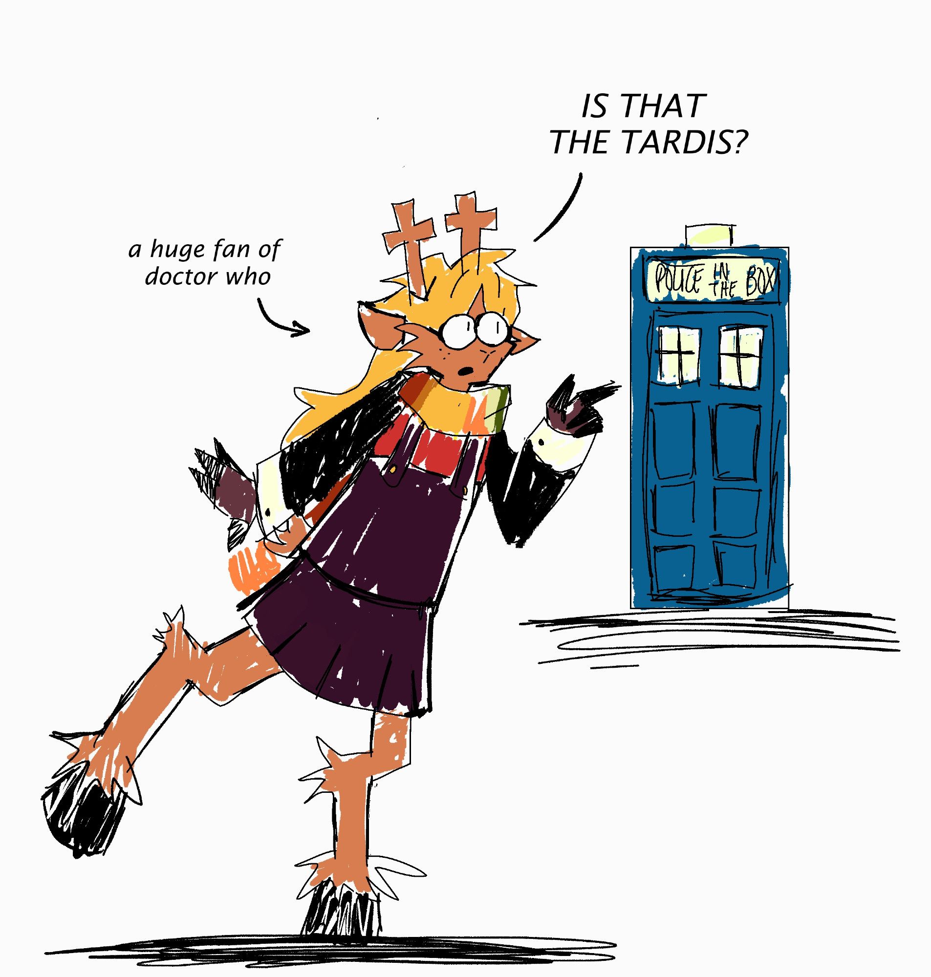 It's digital artwork made by The Witch of Art
It shows a character from Deltarune, the RPG videogame made by The cool Toby fox.
Inspired by Stuff3101
Noelle is an anthro based on deer, has blonde and long hair. 
She's wearing a brown overall with a skirt, and a Doctor who scarf.
She's pointing out at the tardis, while saying:
"IS THAT THE TARDIS?"