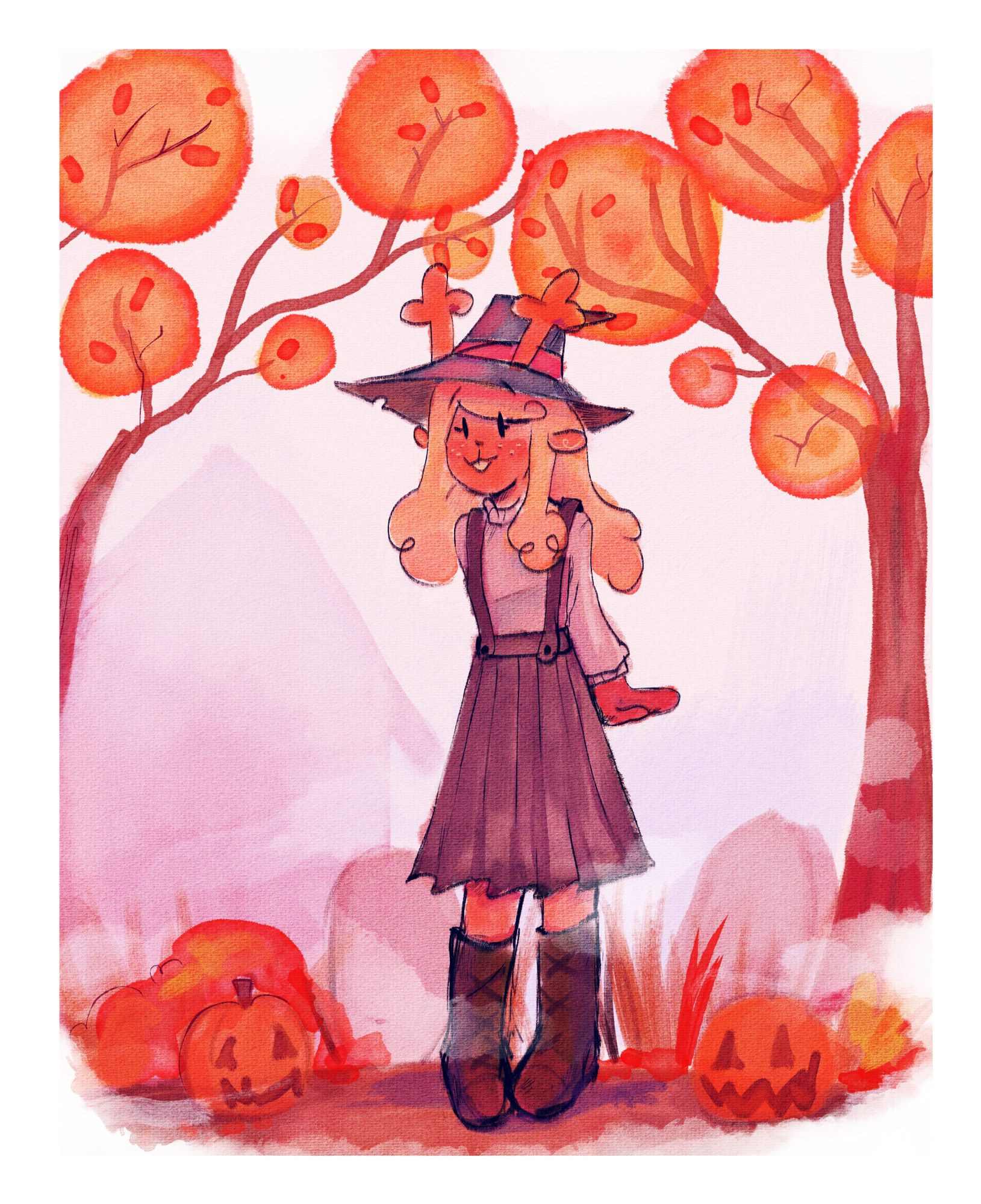 It's digital artwork made by The Witch of Art
It shows a character from Deltarune, the RPG videogame made by The cool Toby fox.
Noelle is an anthro based on deer, has blonde and long hair. She's wearing a turtleneck, a overalls, a witch hat, long skirt, and boats.

In the background, it shows autumn forest.