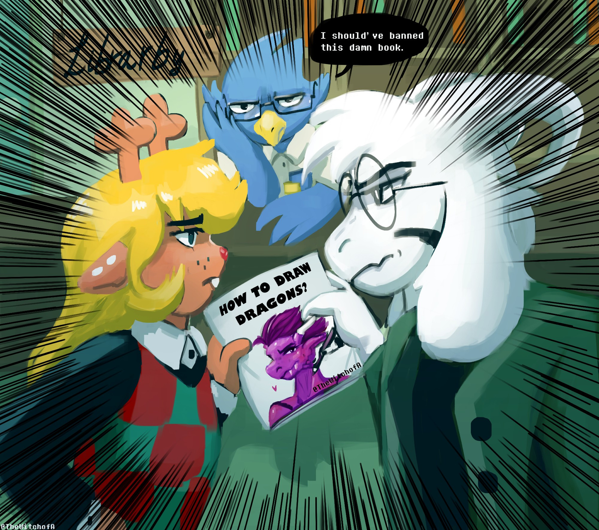 It's digital artwork made by TheWitchofA (The Witch of Art)
It shows three characters from Deltarune, the RPG videogame made by The cool Toby fox.
Noelle is an anthro based on deer, has blonde and long hair. She's wearing a vest, shirt with long sleeves and skirt.
Asriel is an anthro based on a goat, he has black marks in his cheeks, and he’s wearing a green jacket, and black shirt.
Berdly is an anthro based on a bird, he is wearing a white shirt that has two pockets.
Asriel and Noelle are fighting to get the book named “How to draw dragons” which has a cover that includes a purple mauve dragon that is dressed… immodestly.
They become rivals.
Berdly has to deal with this situation, is feeling very annoyed and pissed off while thinking:
 “I should’ve banned this damn book”.