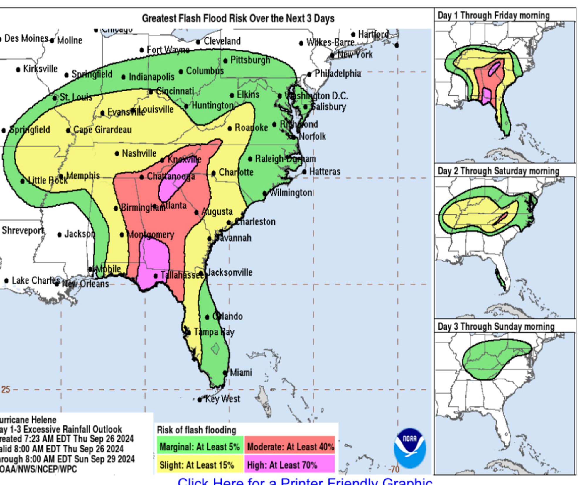 Flash flood warning map of southeast US for hurricane Helene, with green, yellow, red, and pink warning areas, showing an area around Tallahassee and in the NC, GA, and TN appalachians at highest risk of over 70%