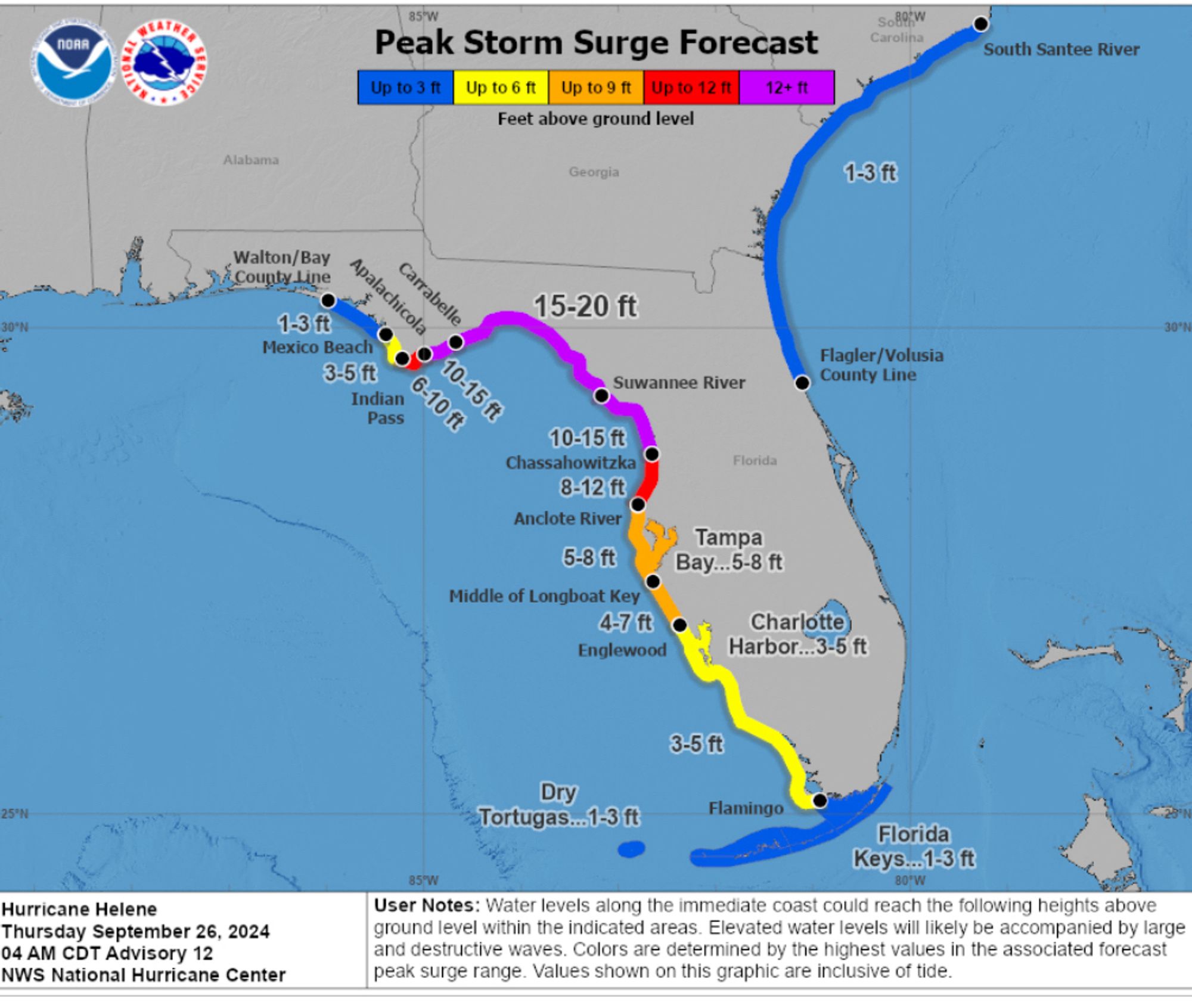 Storm surge map of hurricane Helene with blue, yellow, orange, red, and purple stripes showing surge height predictions, with much of Florida’s northwest coast under a 12-20 foot surge warning.