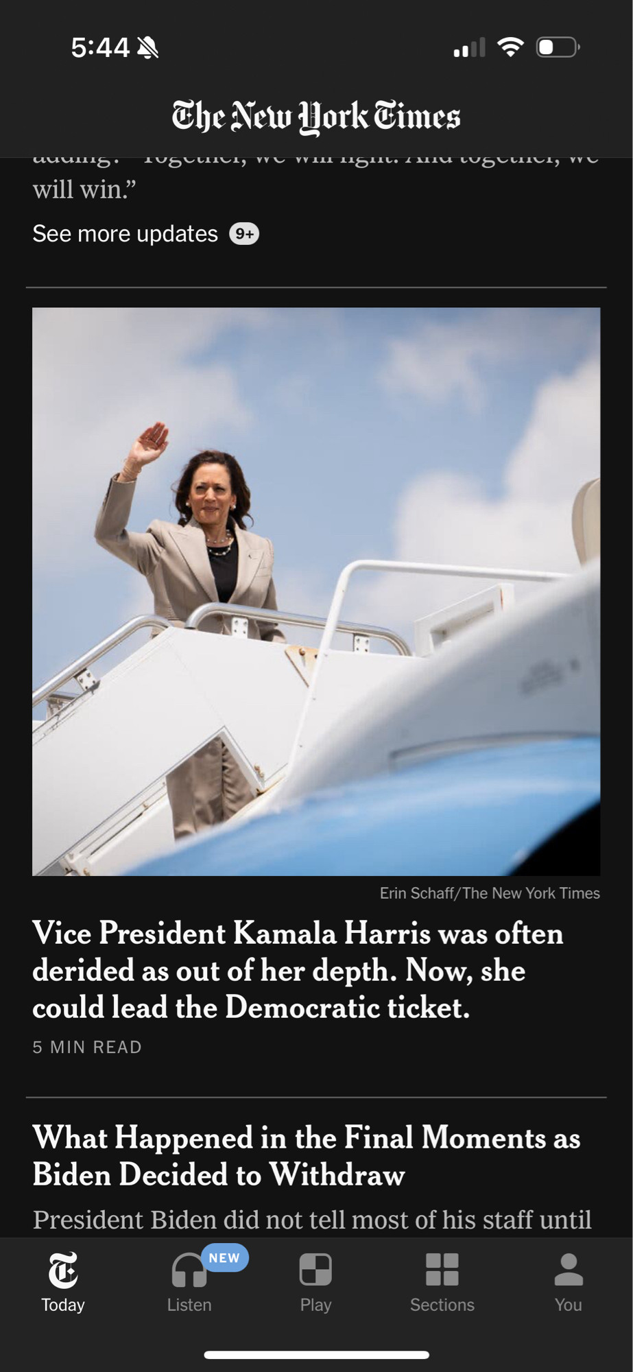 Screenshot of the New York Times mobile app showing the headline “Vice President Kamala Harris was often derided as out of her depth. Now, she could lead the democratic ticket.”