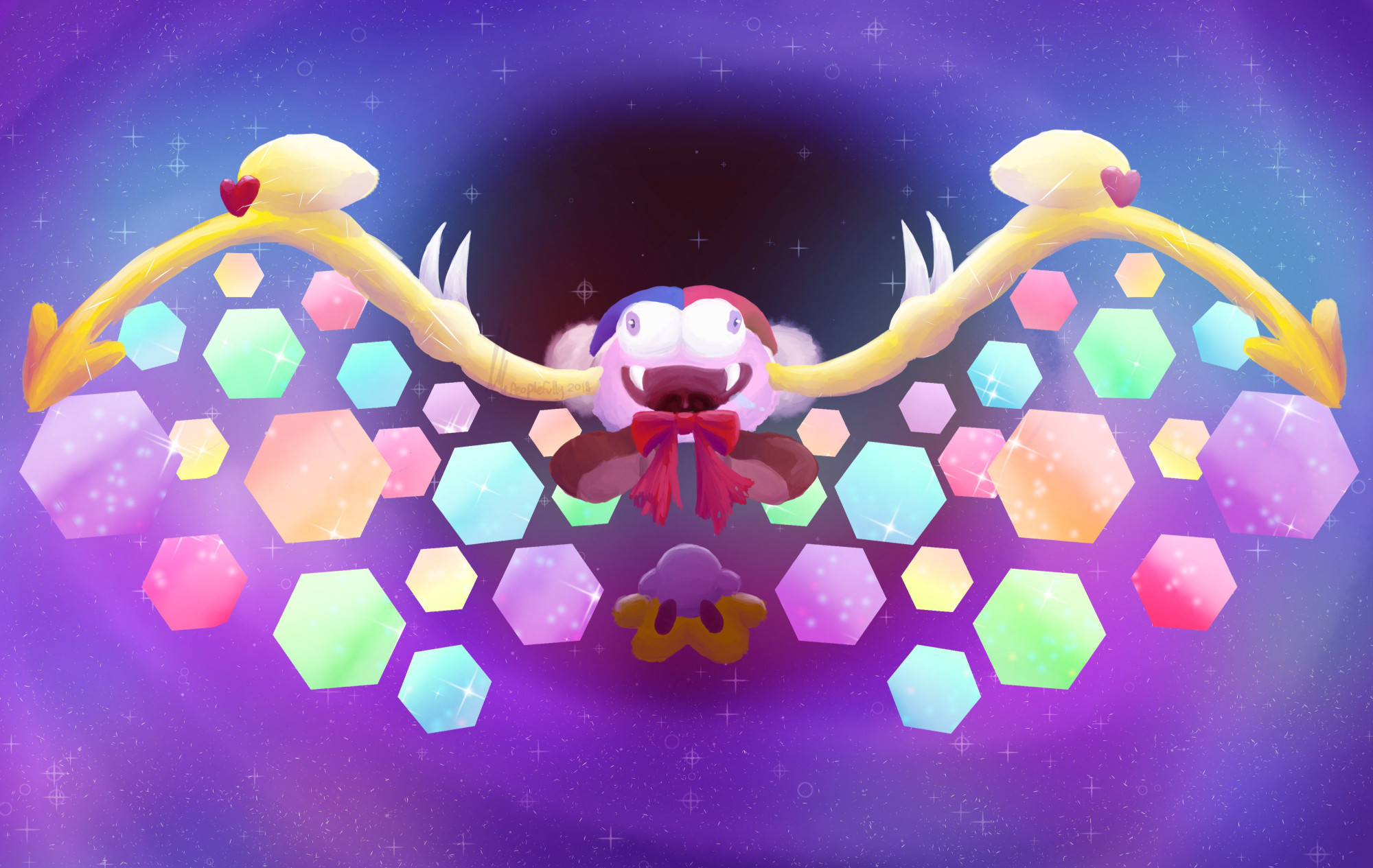 Marx in his Boss form with his eyes looking in different directions and arms outstretched into wings made up of multi coloured hexagons. He is lit up and sparklingagainst the dark swiring starlit background. In the foreground is Kirby on his warpstar, ready to face him in battle.