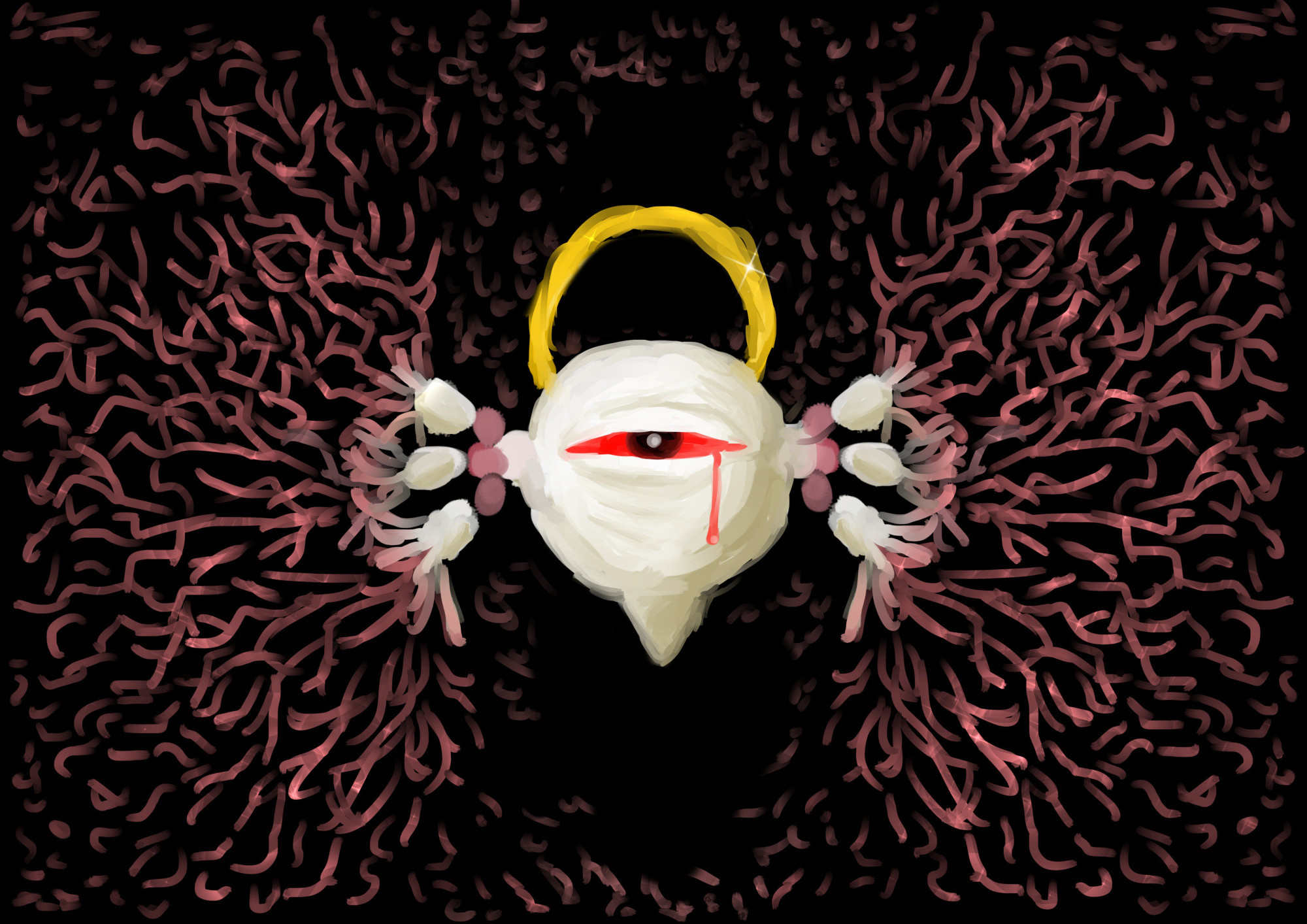 Zero 2, referenced from the illustration at the end of Kirby 64: The Crystal Shards. The wings have been extrapolated to the edge of the image and behind Zero 2, while itself is centre frame staring stright at you, framed by its halo and a red tear running down its white "face".