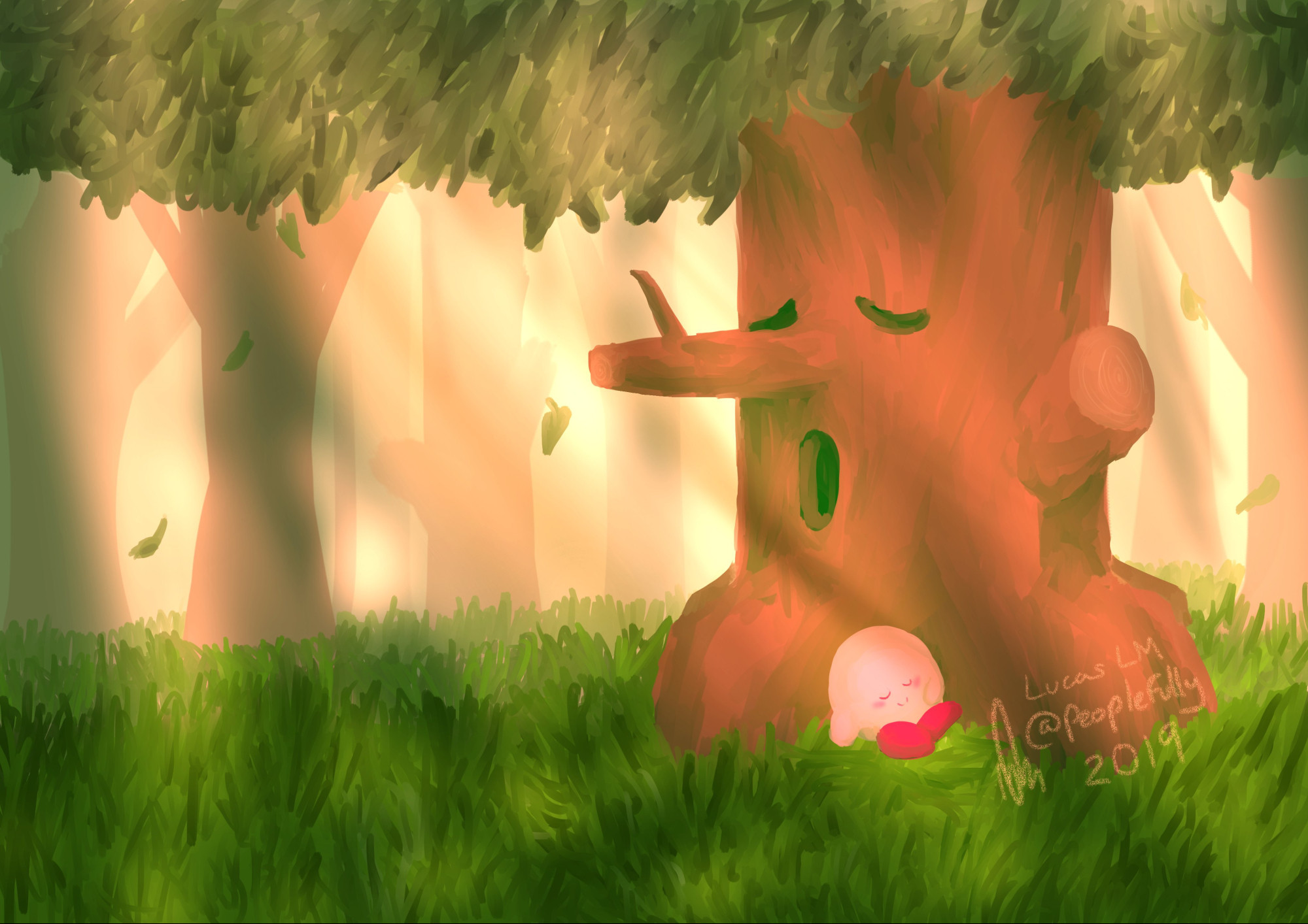 A painted picture of Kirby sleeping at the base of the trunk of an also sleeping Whispy Woods, a tree with a face and long branch nose.