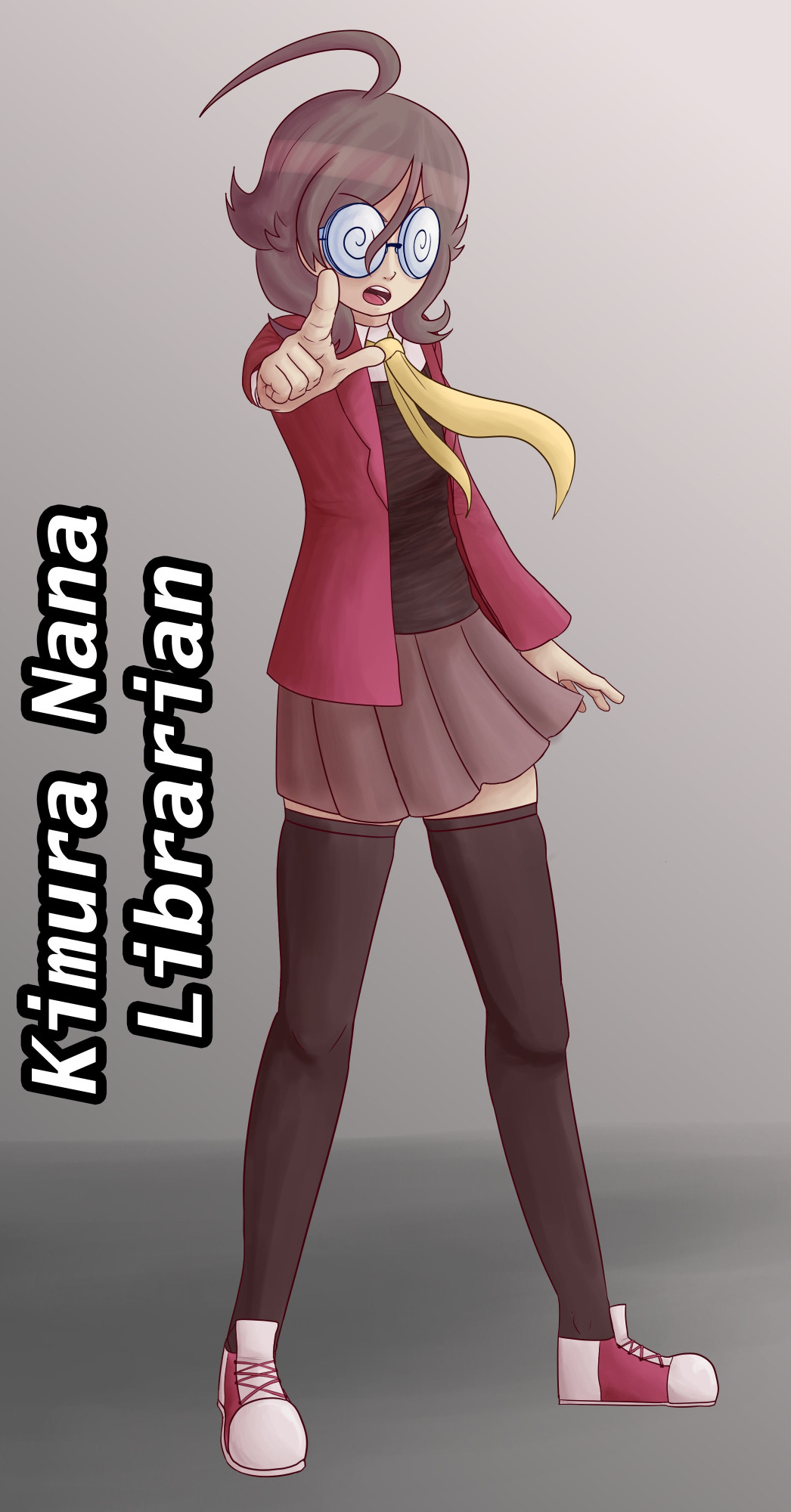 A high school aged girl wearing a pink blazer, skirt and shoes. Her vest and thigh high socks are black. She's wearing a yellow tie over her vest. She has round, thick, glasses with swirls on the lens, and messy light brown hair with an ahoge. She's pointing towards the camera dramatically because she is a Danganronpa protagonist. Written down the side is her name, Kimura Nana, and her Ultimate Talent, Librarian.