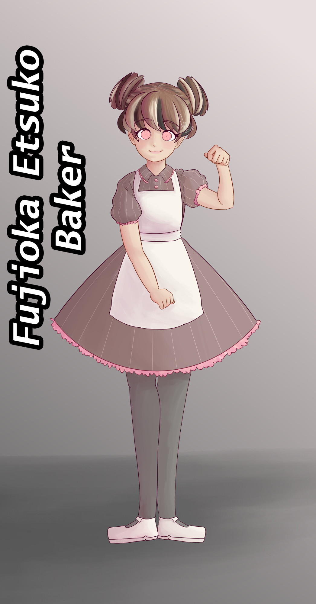 A cute young high school aged girl wearing a brown dress with pink trim and an apron. Her eyes are round and pink, and her hair is brown with black and white streaks tied in two buns on the top of her head. Written down the side is her name, Fujioka Etsuko, and her Ultimate Talent, Baker.