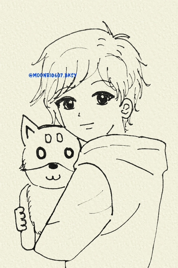 Illustration of Young boy carry his dog with monochrome color