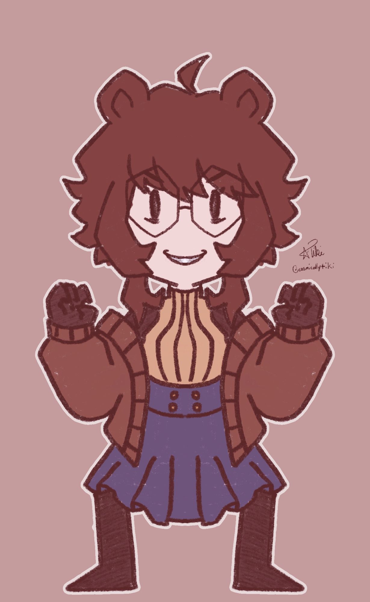 UrsaPaws in the Don’t Starve art style. Everything is much more angular and sharp in this style. Two bear ears sit atop her fluffy brown hair. Her hair is relatively short with many curls aside from two long pieces in the front. She is wearing a yellow turtleneck sweater tank, oversized brown cardigan, and high waisted blue skirt. Her limbs are the same sketchy black the others have. Her expression is mischievous behind the large pair of glasses she wears.