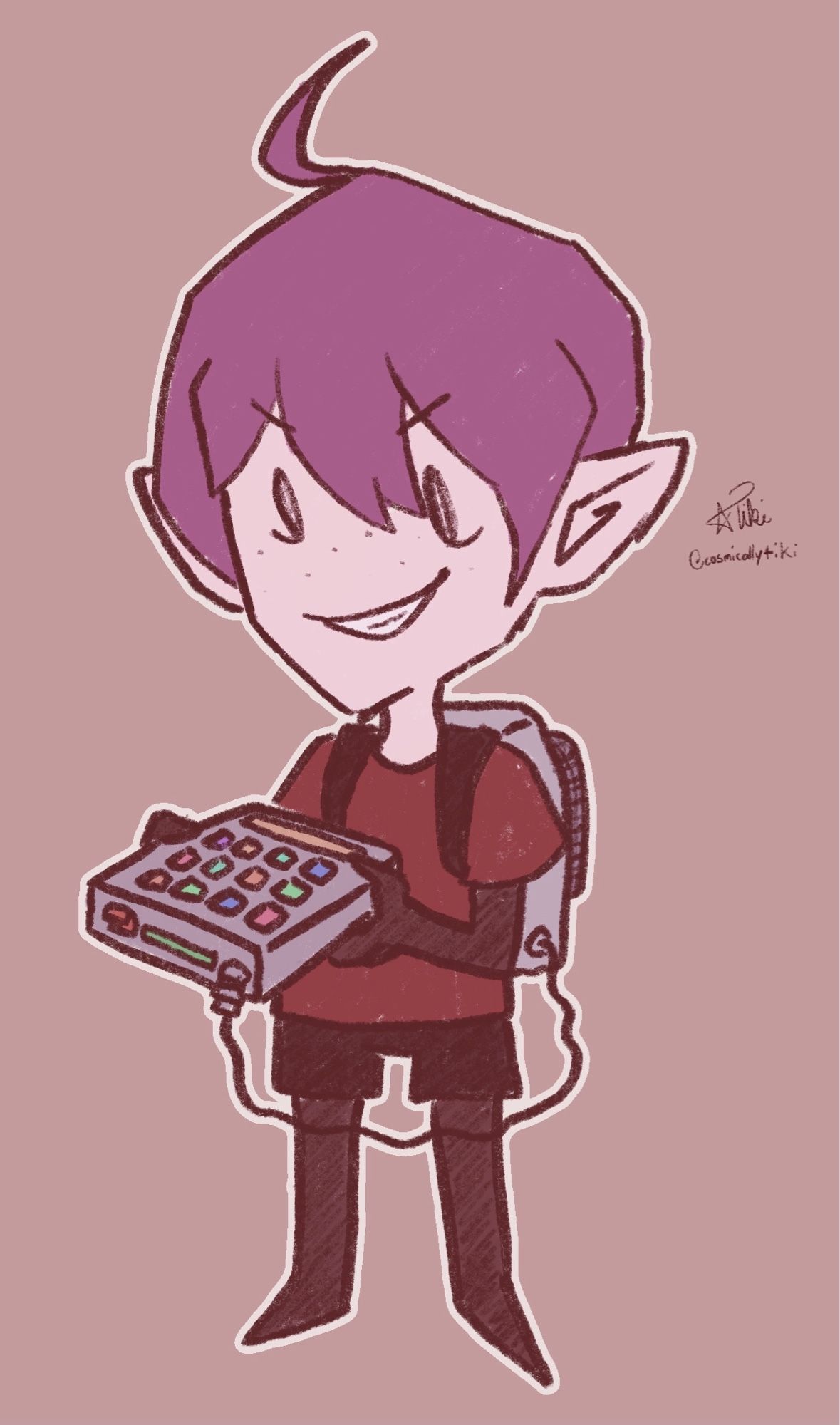 One of Finnooki’s characters in the Don’t Starve art style. Everything is much more angular and sharp in this style. He has short pink hair and large pointy ears. He’s wearing a red tshirt and black shorts. His limbs are the classic sketchy black. Oh his back he wears some kind of backpack that is connected to a soundboard he is holding.