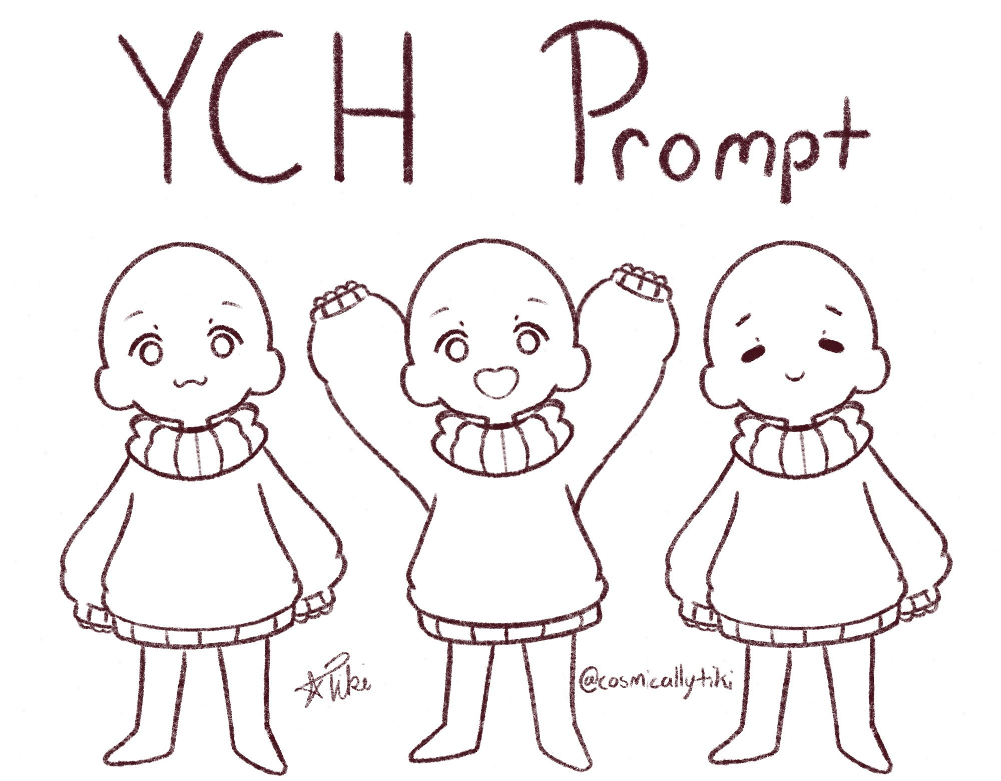 A YCH prompt. 3 base characters stand in oversized turtle neck sweaters. 2 with their arms down on the sides and the one in the middle with their arms up.