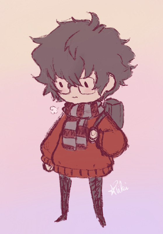 A very sketchy piece of the persona 5 protagonist in a red chunky sweater. He is wearing a grey and red striped scarf and holding his school bag over his one shoulder. He huffs, looking down at the ground, hair just as unruly and fluffy as it’s always been