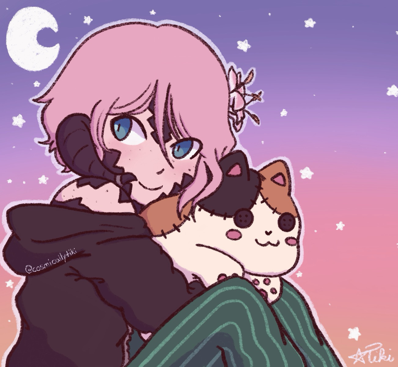 A female Au’ra from FFXIV. They hug a fat cat, an orange and black calico, plush to their chest. They are wearing a black oversized zip up sweatshirt and green pajama pants. Their eyes are a seafoam green and hair a soft pink. Placed in her hair are two white and pink lilies. Among the dark scales that cup her face and shoulders are a dusting of freckles. Horns also poke out from where her ears should be and curve around their face.