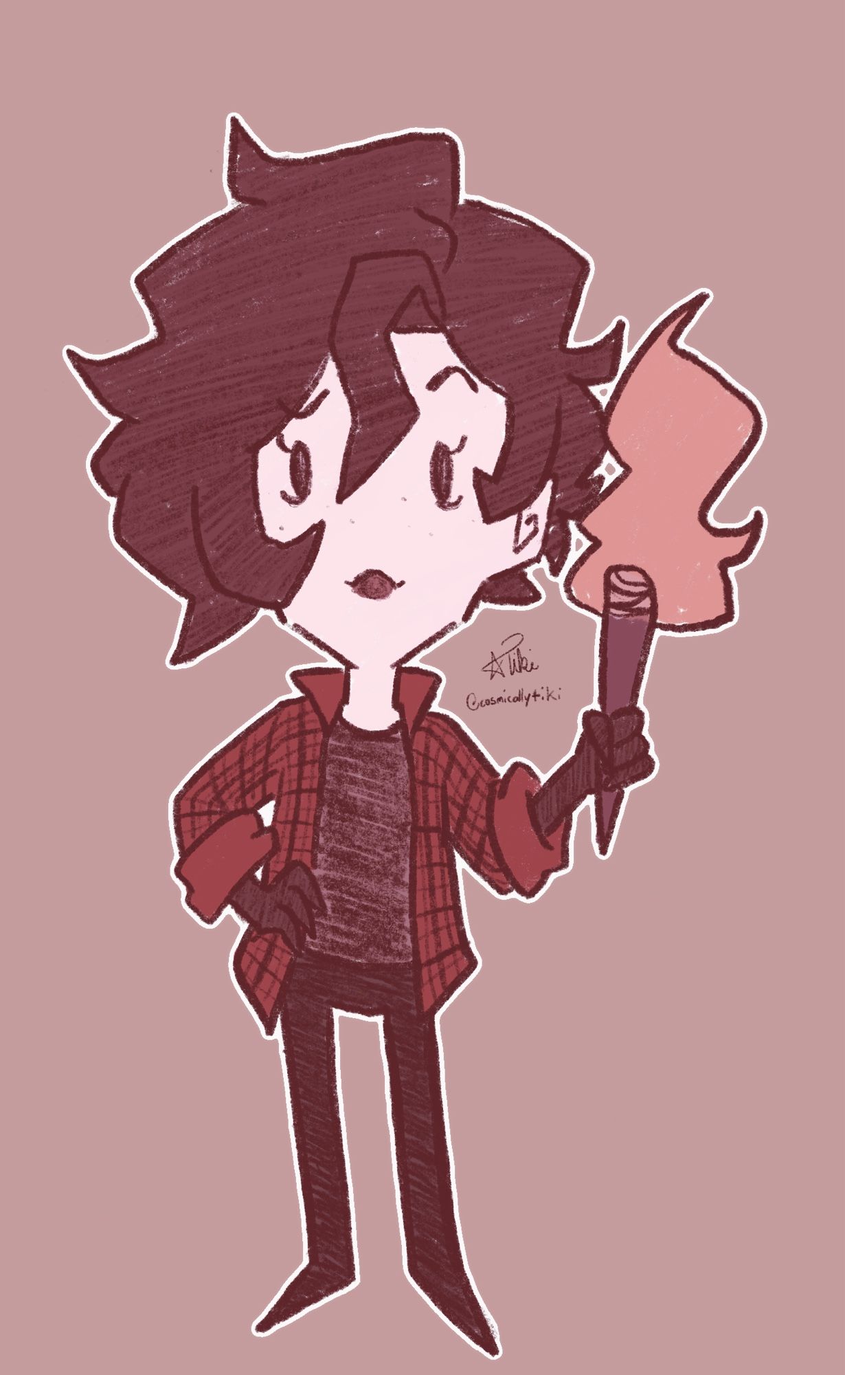 MaxPoetic in the Don’t Starve art style. Everything is much more angular and sharp in this style. She has long, curly brown hair. She’s wearing a red flannel opened up to show a grey tshirt. Her limbs are black and sketchy just like many of the characters in game. She looks amused as she holds up a torch.