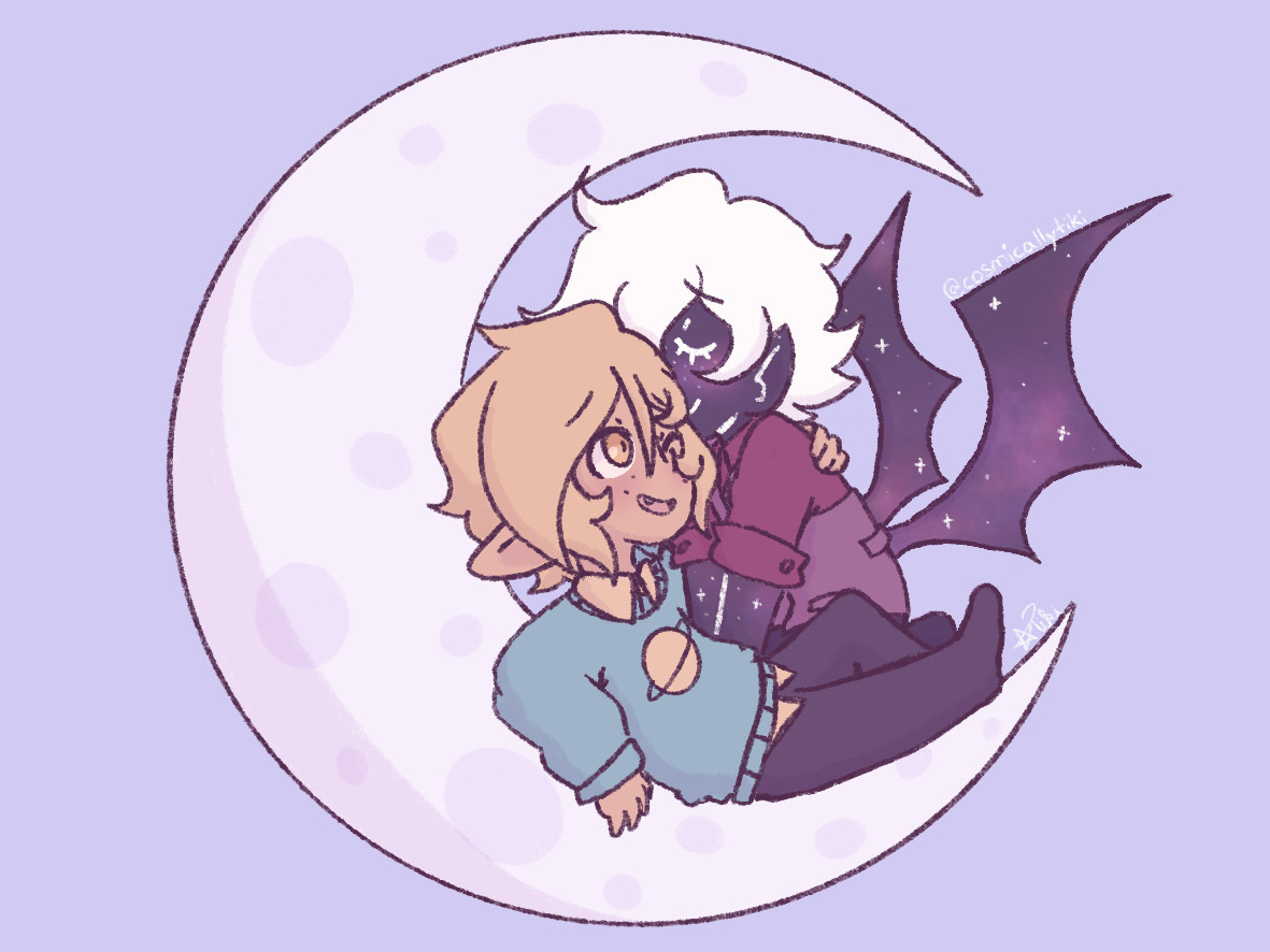 Two demons sit on a crescent moon. One kisses the side of the other’s face. The one kissing has black skin with stars and galaxies floating across. He has a pair of bar wings stretching from their lower back. His hair is unruly, curly, and pure white. The demon to the right has long blonde hair. His eyes are golden. He wears a seafoam sweater with a Saturn pattern on it.