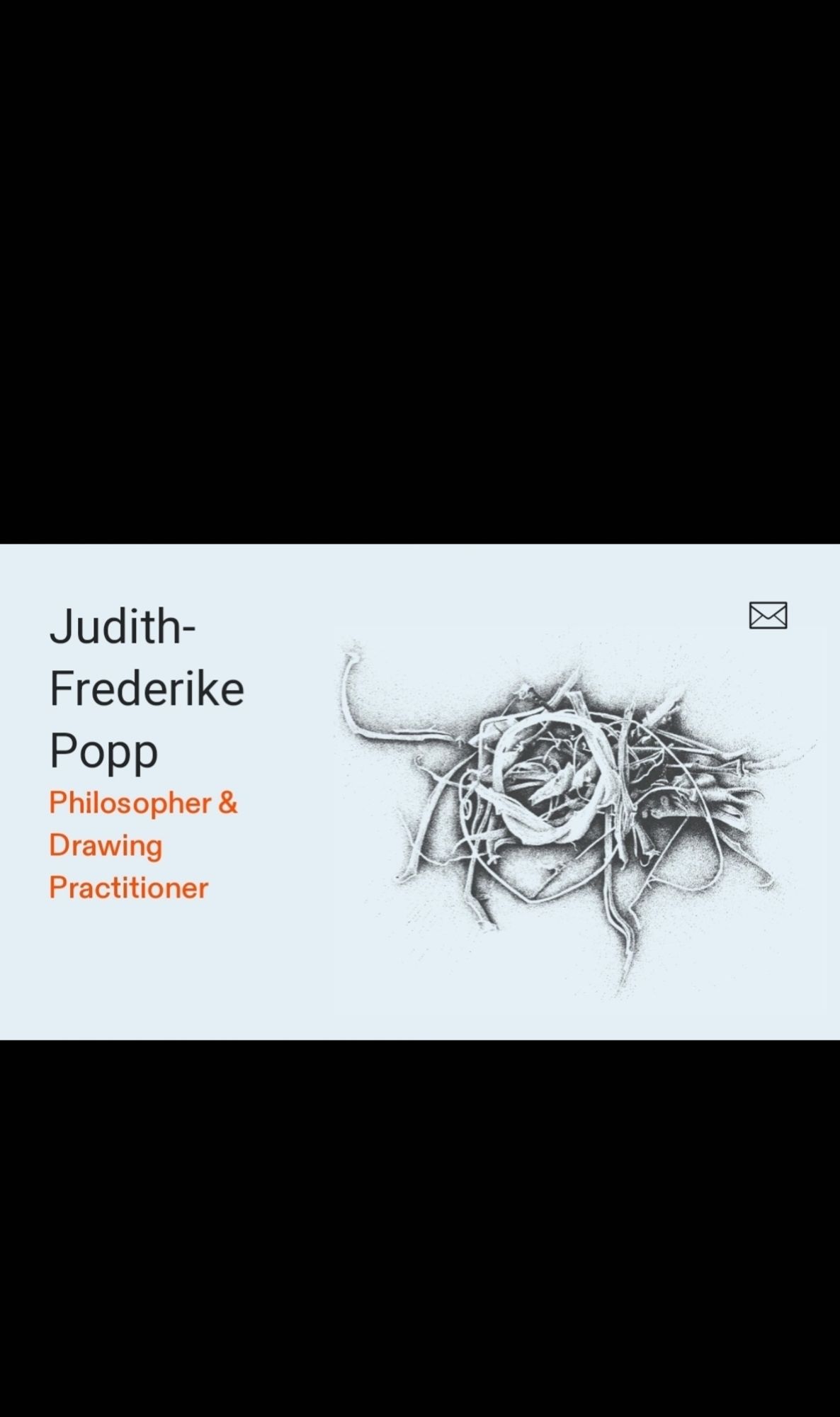 Screenshot of the starting page of my personal website displaying my name and identification as philosopher and drawing practitioner as well as a drawing of an organic wood structure made by me.