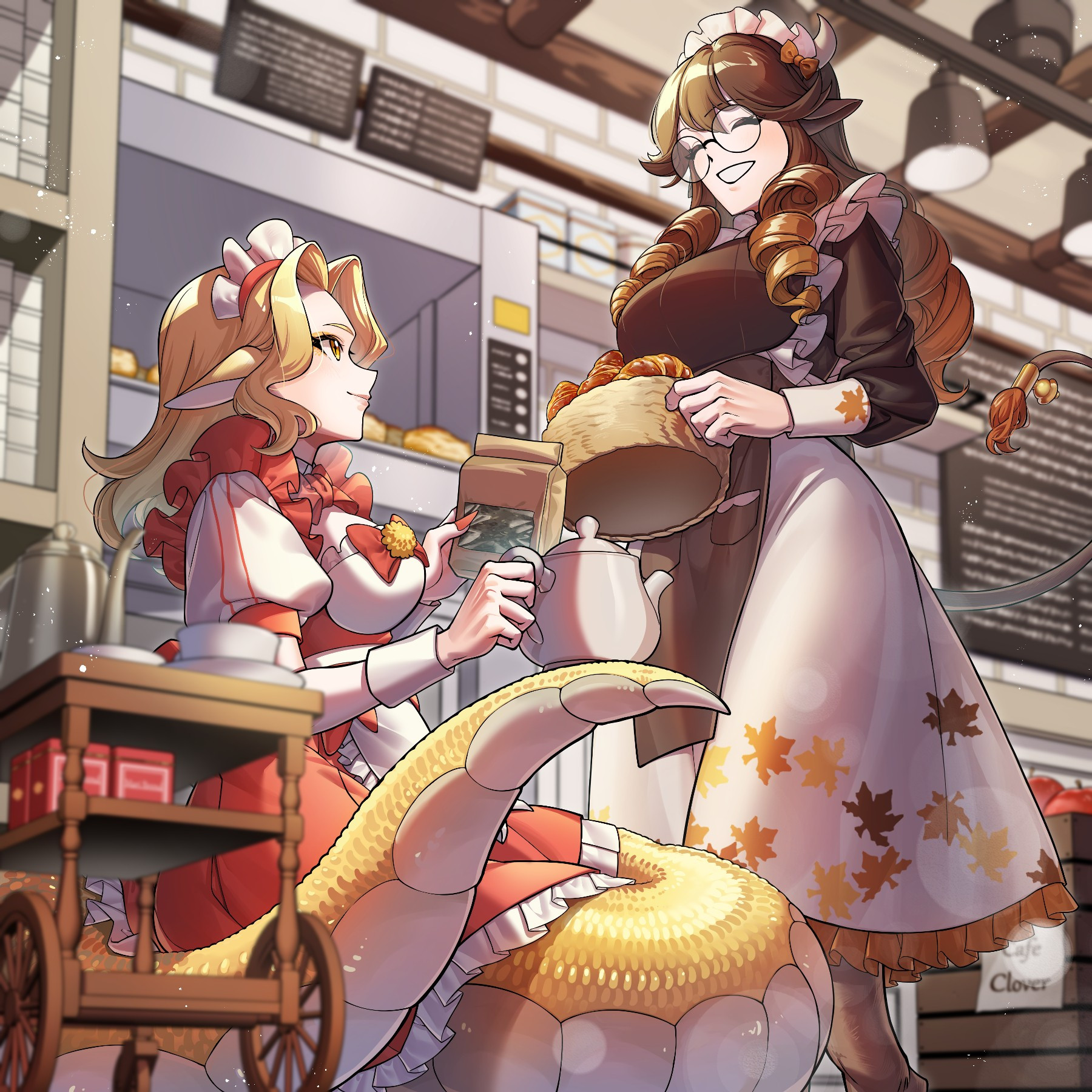 Mari the Lamia and Maple the Minotaur preparing the Café for the morning! Mari prepares the drinks, and Maple bakes the sweets and breads!