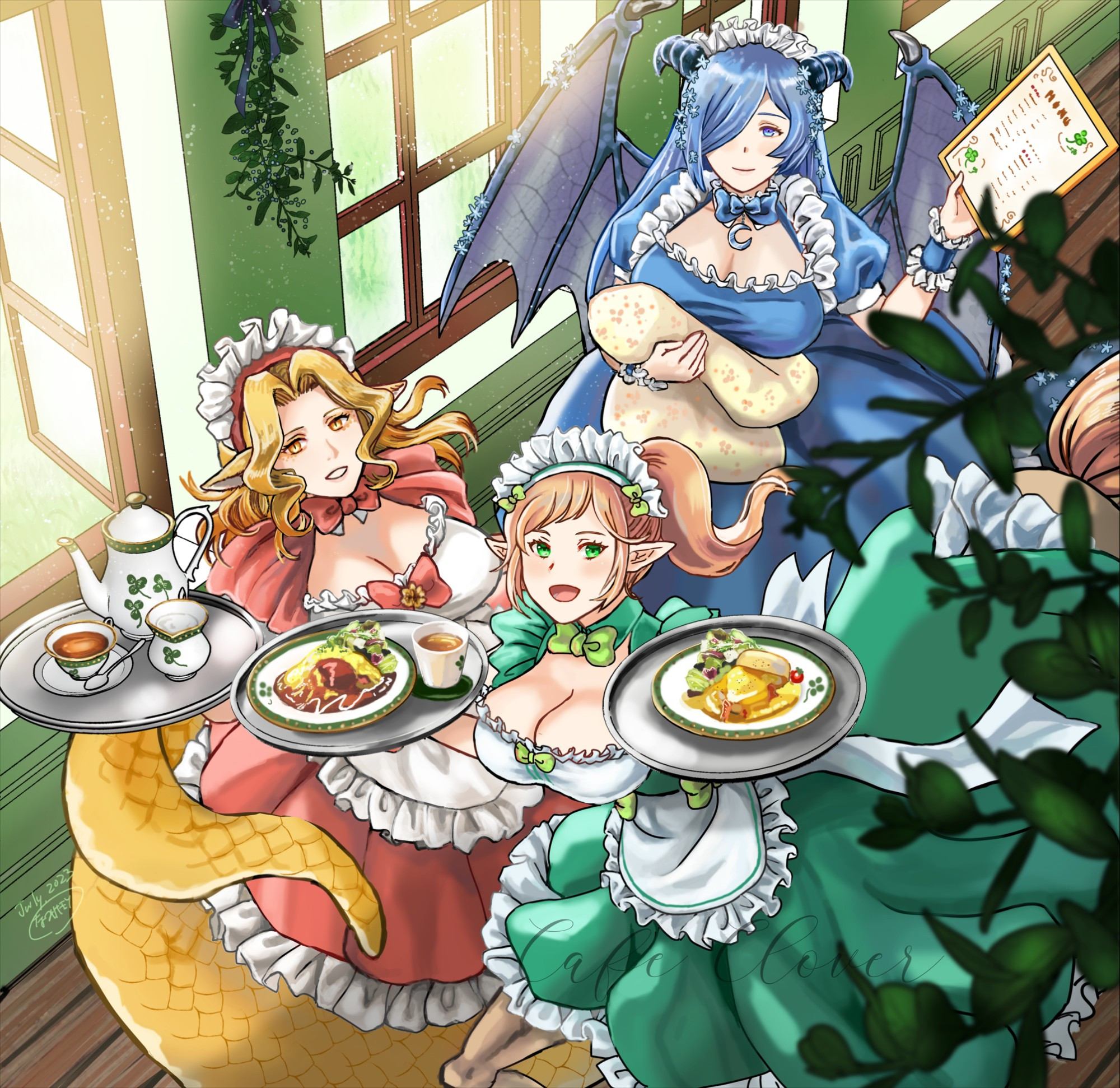 Mari (Lamia), Clover (Centaur), and Bella (Dragon) in The Lucky Clover Café, a café of monster girl maids!