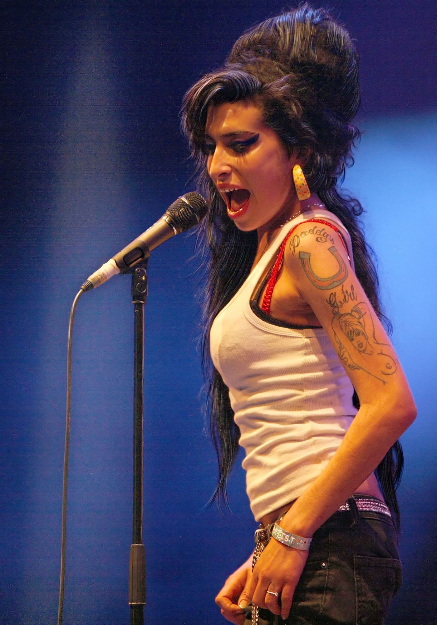 Amy Winehouse en el festival Eurockéennes (Francia) en 2007. Está frente al micrófono, cantando, con su característico pelo formando un gran moño en una exageración de un estilo años 50, los labios rojos y los ojos con mucho rímel y grandes rayas. Lleva un sujetador rojo que asoma bajo una sencilla camiseta de tirantes blanca que mire ver sus tatuajes, así como varias joyas y abalorios o un cinturón lleno de brillos sujetando unos vaqueros negros. Rama • CC BY-SA 2.0 fr