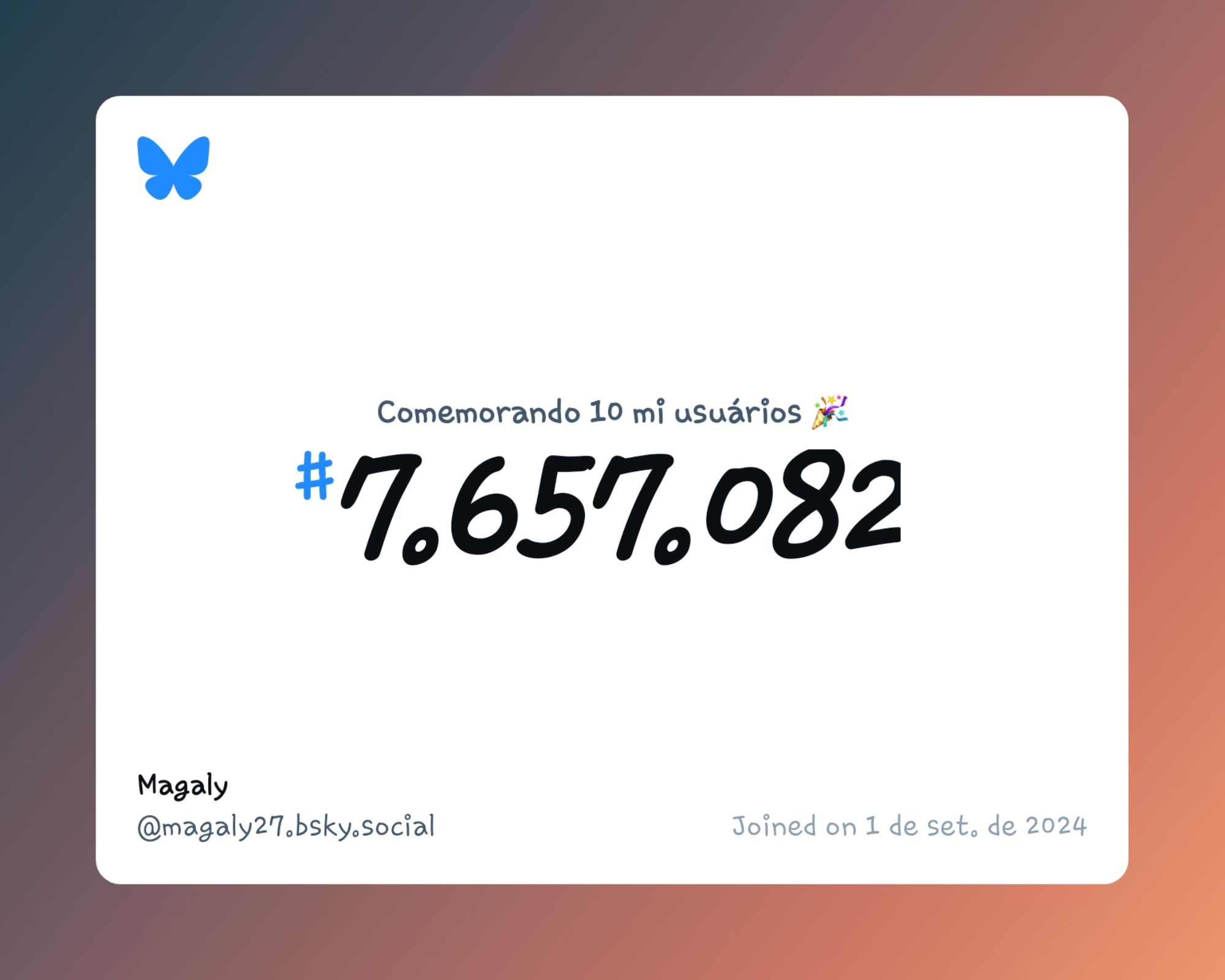 Um certificado virtual com o texto "Comemorando 10 milhões de usuários no Bluesky, #7.657.082, Magaly ‪@magaly27.bsky.social‬, ingressou em 1 de set. de 2024"