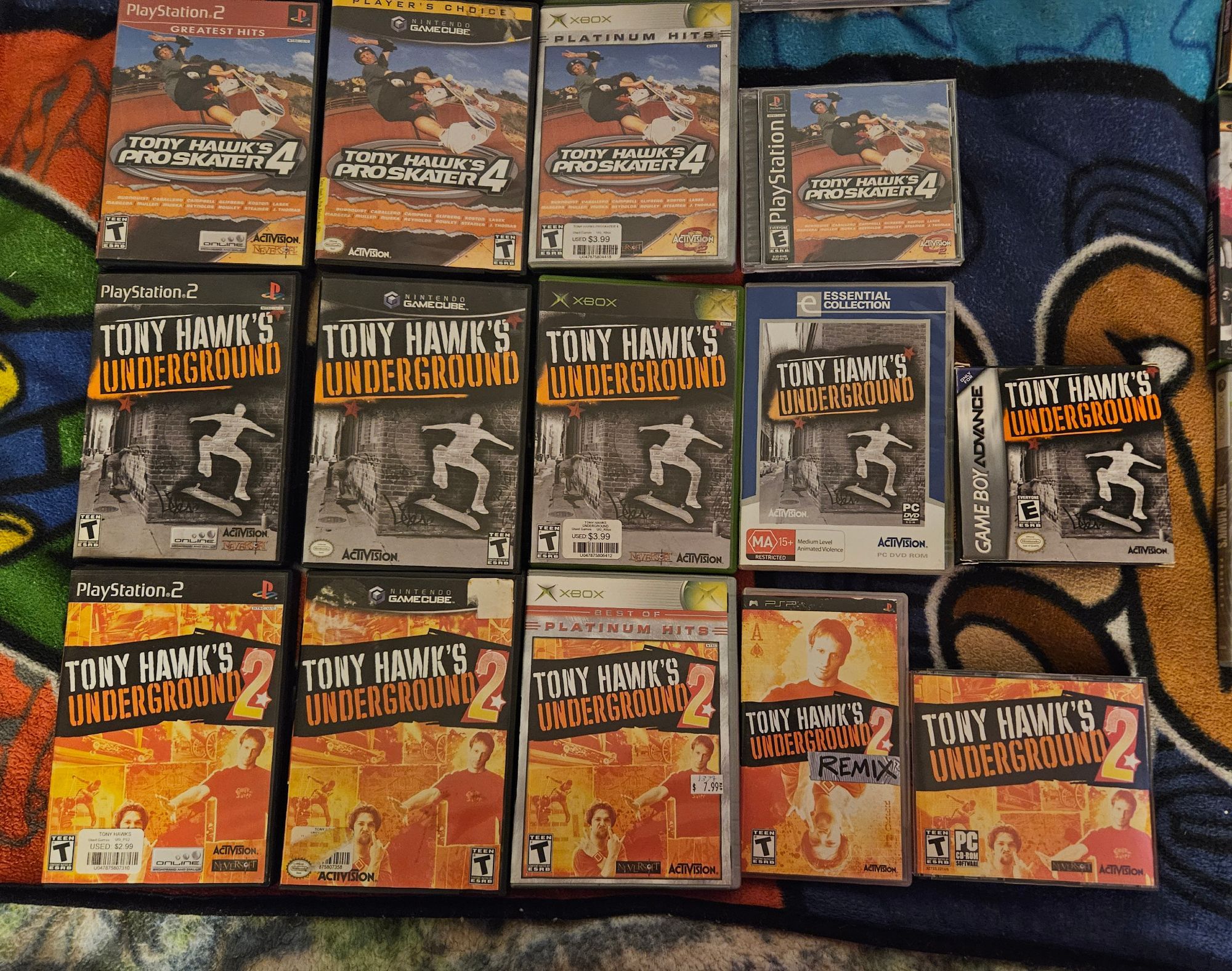 PS2, GCN, Xbox, and PS1 versions of THPS4.
PS2, GCN, Xbox, PC, and GBA versions of THUG1.
PS2, GCN, Xbox, PSP, and PC versions of THUG2.