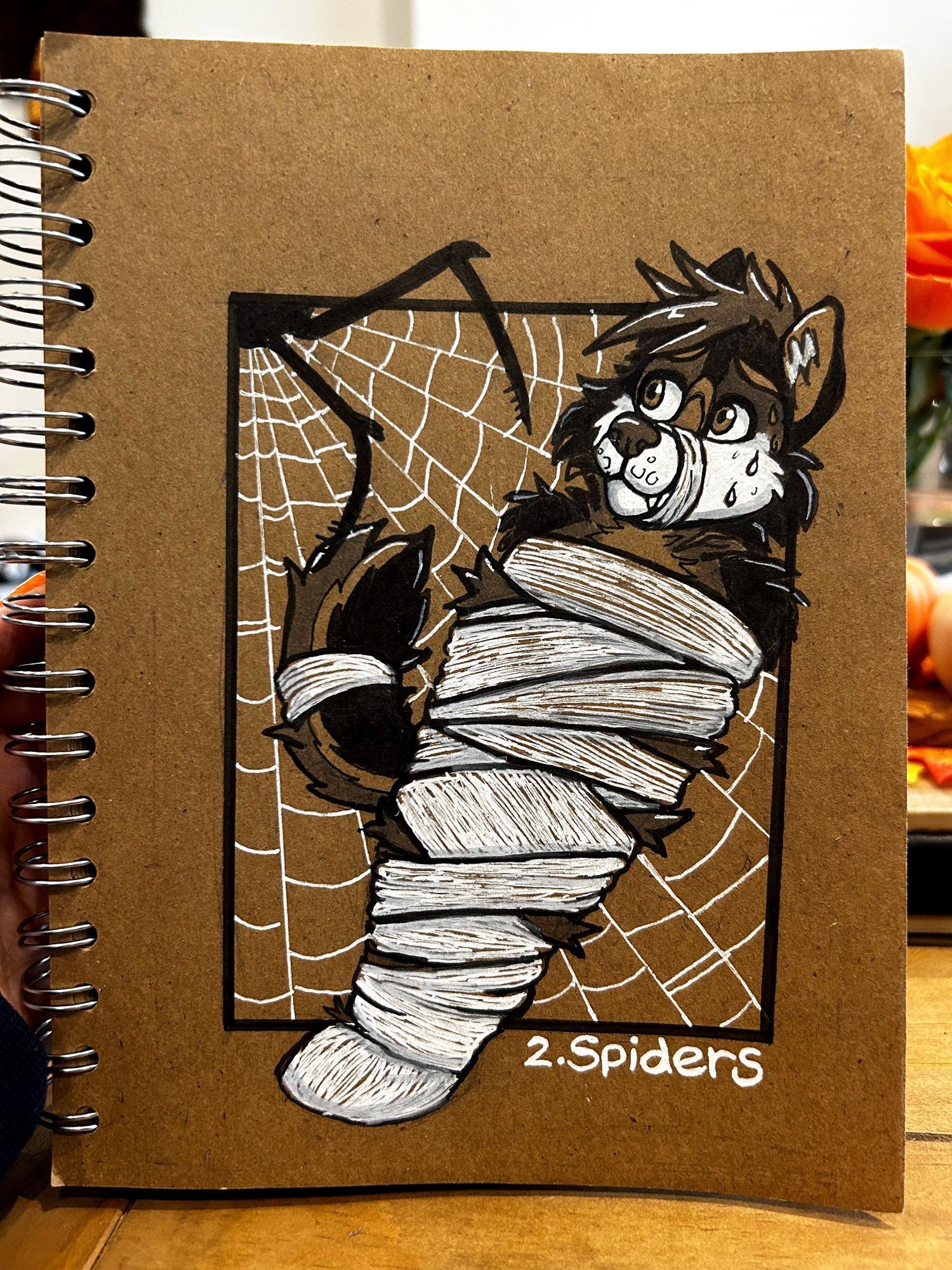 Swifty a wolf character trapped in a spiders web mumified in silk   